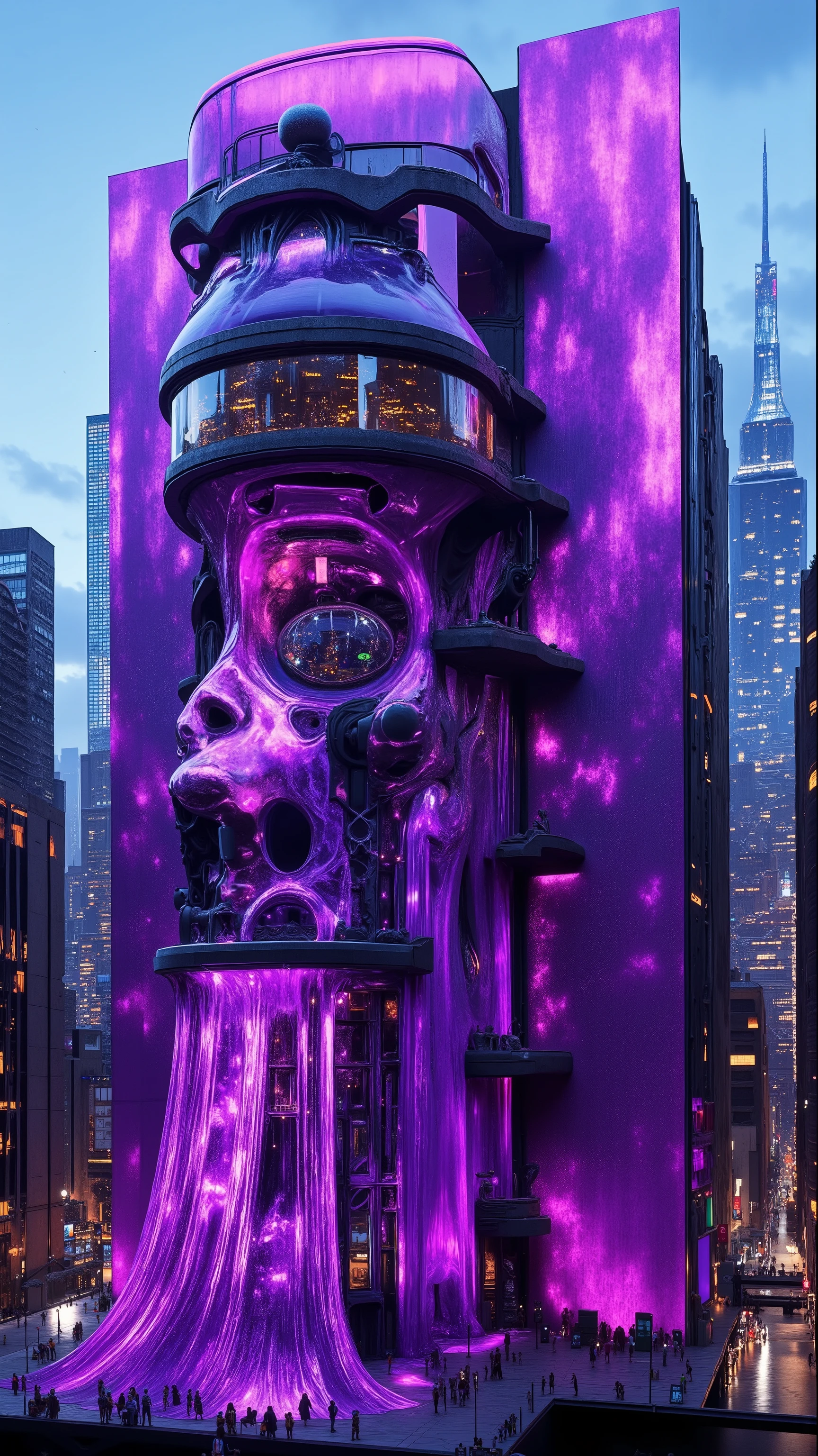 A skyscraper in modern-day New York City is made entirely out of a translucent quartz crystal. It is 200 feet tall and is cyberpunk hollowed out to make the structure in just one piece. Found far inside the earth, this quartz crystal point is an amethyst variety and is darkish purple. Show extreme detail of the skyscraper, including how the windows, doors, and structure are one piece of crystal. Show the individual offices within and each carefully carved out window sill. Put an elaborate waterfall that cascades down one side. Show this structure right next to a modern skyscraper that already exists in cyber neon light life.  Super advanced high tech architectural style and design, best quality innovation and ambition in avant-garde architectural engineering and digital design,Ultra-realistic, photo-realistic, ultra-detailed, 8k, professional movie quality images, cinematic photography, realistic vision, photorealistic, hyperrealistic, 3D rendered, neon infused, bright fluorescent psychedelic aesthetic, icon style, intricate, complex, surreal, whimsical, detailed facial features, eye contact, multiple views, multiple perspectives, UHD, full focus, highres, best quality, realism, professional masterpiece 