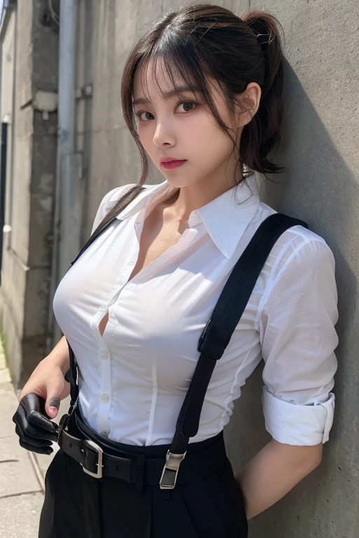 a woman in a suit, belt, hands behind back, sweating, suspenders, black pants, sexly, large breasts, see-through clothing, rain, detective, office worker, white button-up shirt, (best quality,4K,8k,highres,masterpiece:1.2),ultra-detailed,(realistic,photorealistic,photo-realistic:1.37),hyper-detailed,highly detailed face and body, Slender　thin　suspenders　Moderate breasts　See-through shirt　Nipples　holster　chain　Pistol　Armament　criminal　Female criminal　knife　japanese　profile　Japanese women　arrested handcuff　belt
