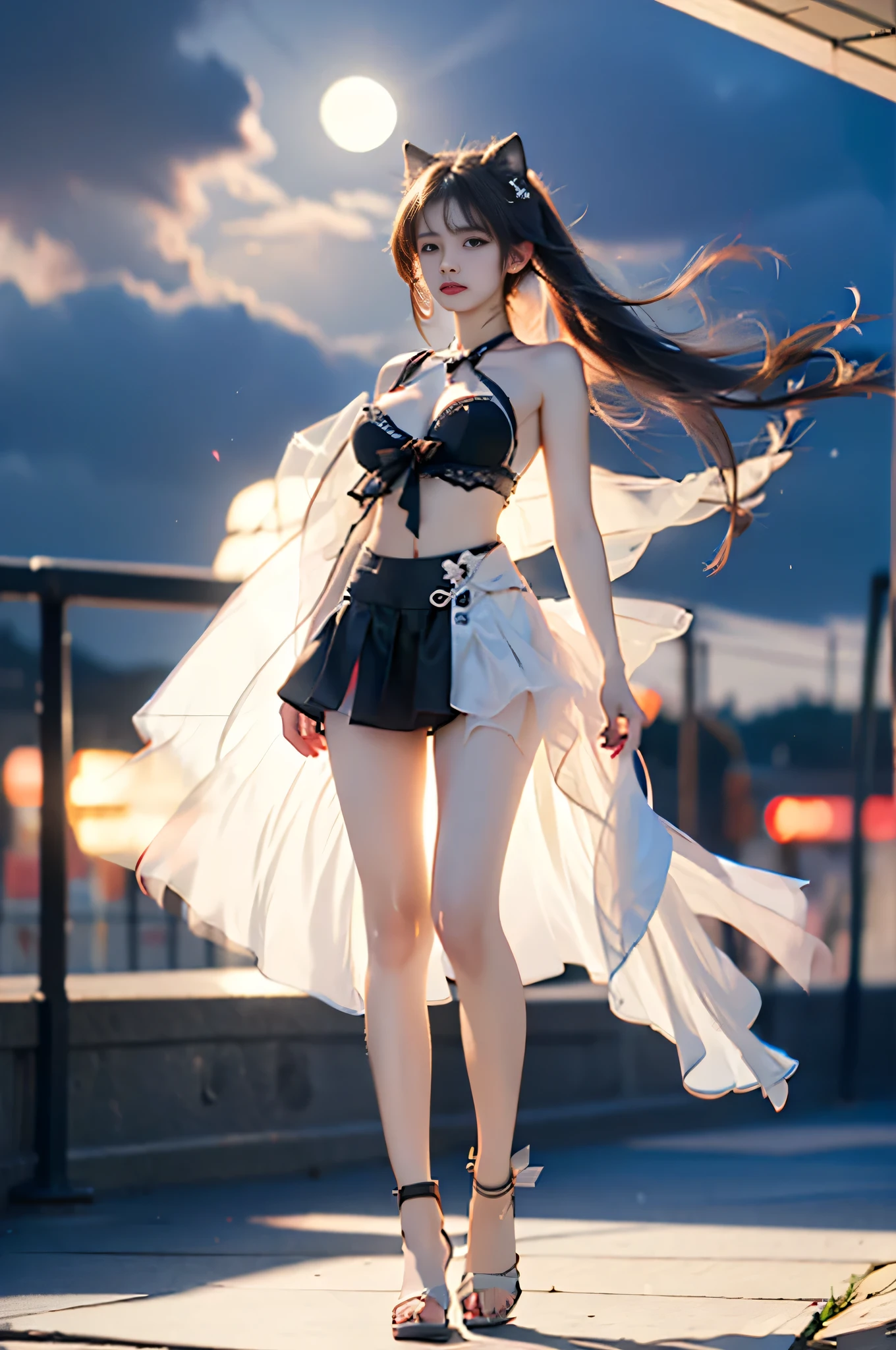 kiana swzy, 2nd clothes, clothes: swzy Long-skirted swimwear with black bra, purple cross-shaped pupils, long skirt, 1girl, animal ears, long hair, ,,((full body, from below)), (masterpiece, best quality, ultra-detailed, 8k), realistic, a beautiful sexy long-legged model ((Random scene)), ((Random posture)), (I-type Valley), (Full breasts, visible cleavage, very short skirt hem, exposed shoulders), (Tyndall Effect), (At night,:1.3 moonlight:1.3), seductive pose, perfect and symmetrical leg anatomy, soft natural lighting, (wind blowing gently:1.1), (ambient lighting:1.2), bokeh, cinematic shot, dynamic angle, professional photography, shallow depth of field, sharp focus, vibrant colors, (slightly tanned skin:1.1), (natural makeup:1.1), (delicate features:1.1)