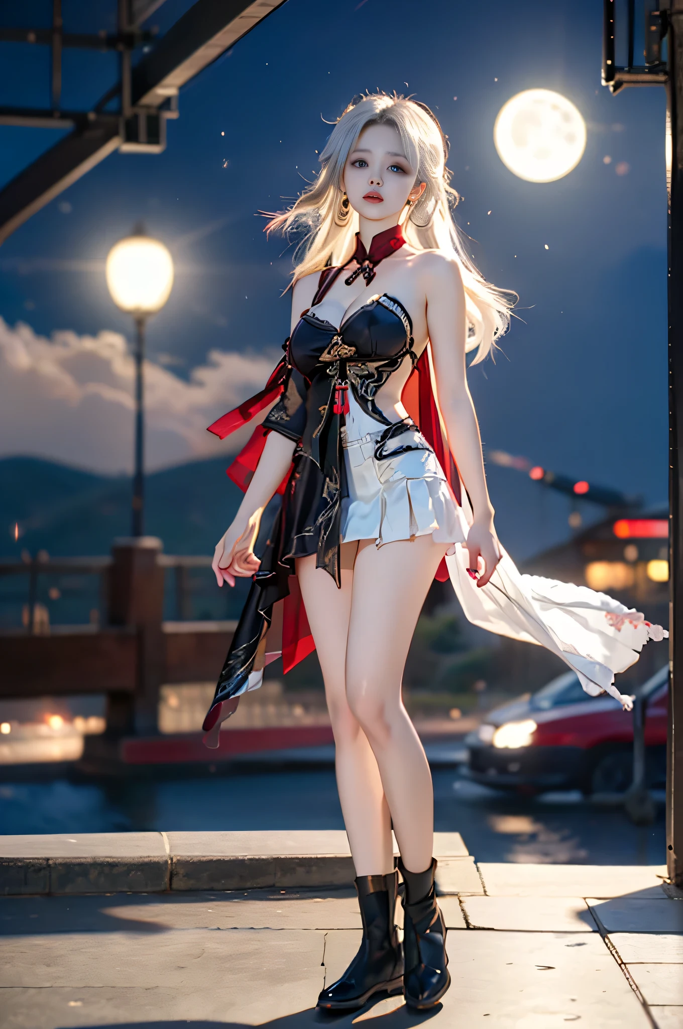 ((best quality)), ((masterpiece)), ((Super detailed)) ((Ultra High detail)) Realistic beautiful girl, , white hair, red eyes, Black lace bra, Short black lace skirt, thigh highs, high heels, lightning background.