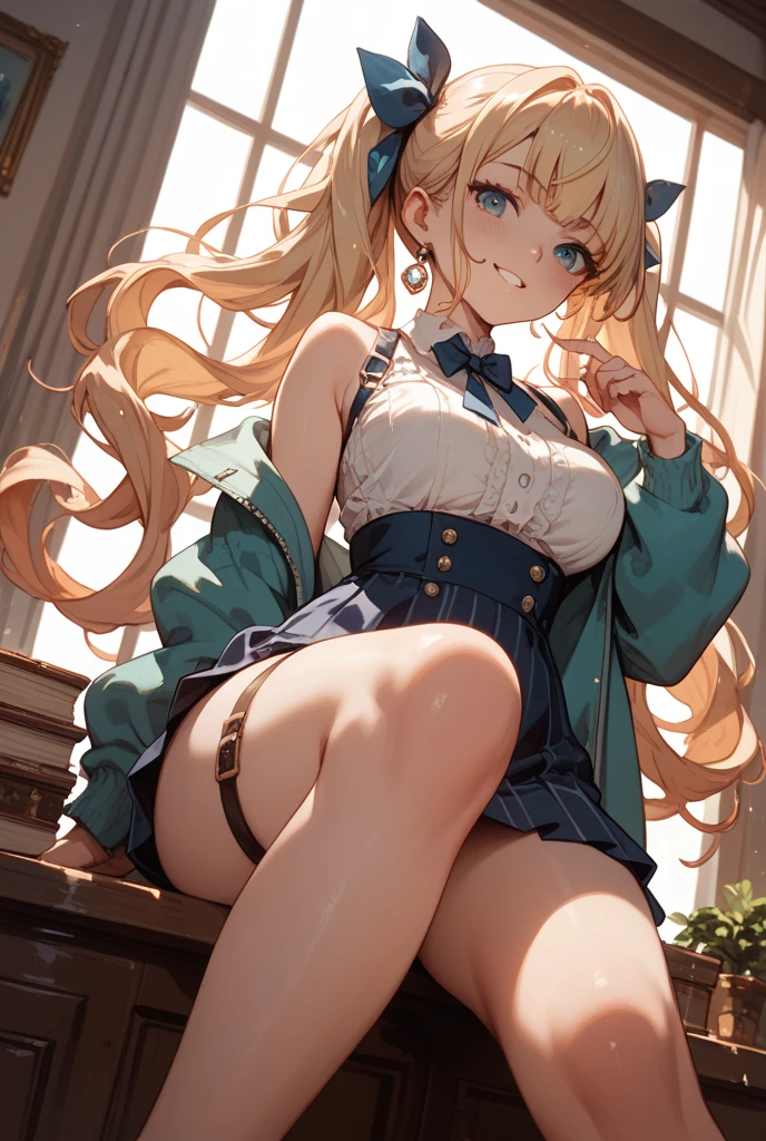 ((masterpiece, best quality, high detailed, highres, 16k, uhd)), 1girl, happy, floating hair, expressive hair, long hair, blonde hair, green eyes, beautiful detailed eyes, thighhighs, schoolar uniform,