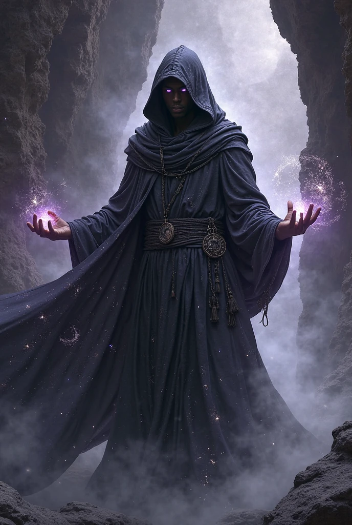 "Design a gaming logo that features a mystical character with glowing eyes and flowing robes. Incorporate magical elements like swirling energy or runes around the character. Use deep purples and blues, with bright, ethereal highlights. The logo should blend fantasy and modern gaming aesthetics with clean lines and a sense of mystery."