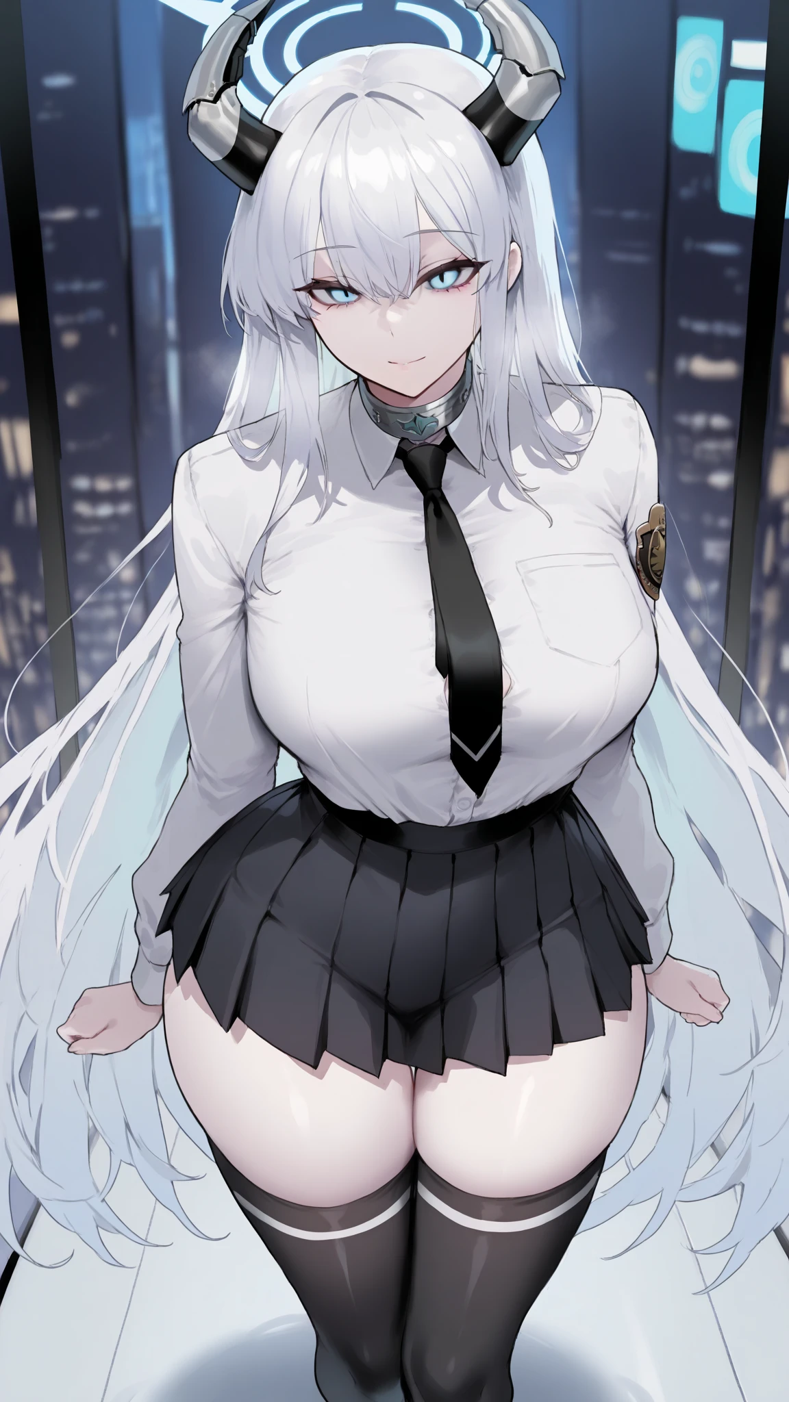 (Highest quality), (High resolution), (masterpiece), (Super detailed), Silver Hair, Long Hair, Blue and purple eyes, Blue Archive Art Style, One girl, Silky skin, Shiny skin, An athletic body, blush, Heavy breathing, chest, (Fantasy style clothing, Black long coat, White shirt, Black tie, Black trousers, My crotch is wet), View from below, (Bright saturation), Stand up straight, Dripping love juice, Heart Pupil, (大きなchest:1.1), Expression of pleasure, Trembling with sexual climax, Heavy breathing, Night Alley