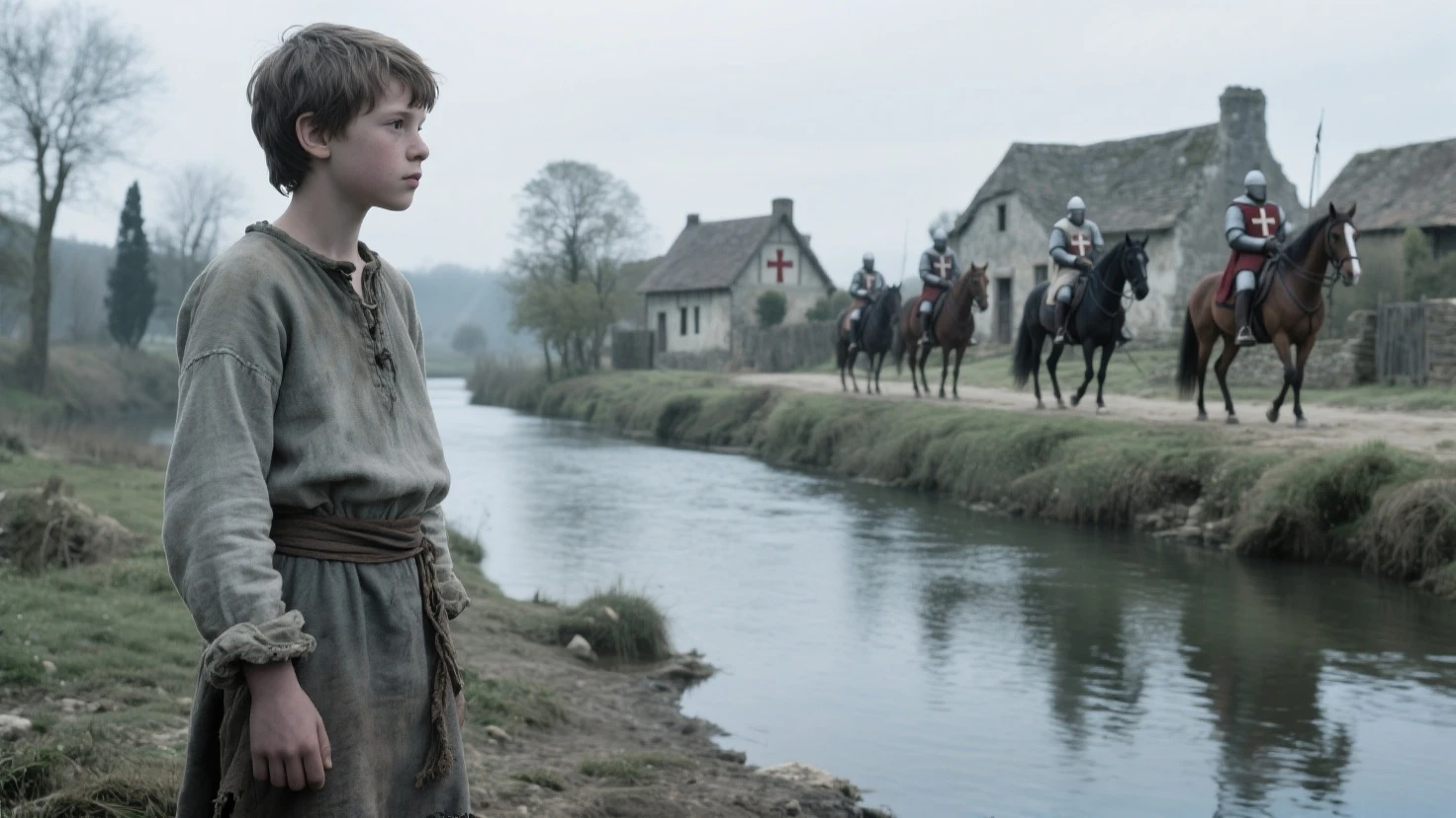 ((((9-year-old)) Sam)), intense eyes, ambitious, tall, athletic, strong, rustic, freckles all over his face, ((friendly expression)), ((dark hairstyle of the 1340s))