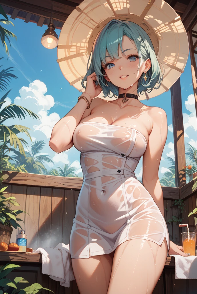 BREAK Perfect Anatomy、(High resolution:1.2)、Incredible illustrations、(Cute illustrations:1.2)、(nsfw) (Beautiful background) 1 girl(Curly short cut, aqua hair)(Holder neck swimsuit, sunglasses)(Soak in the vinyl pool and drink canned beer in the garden(see through))