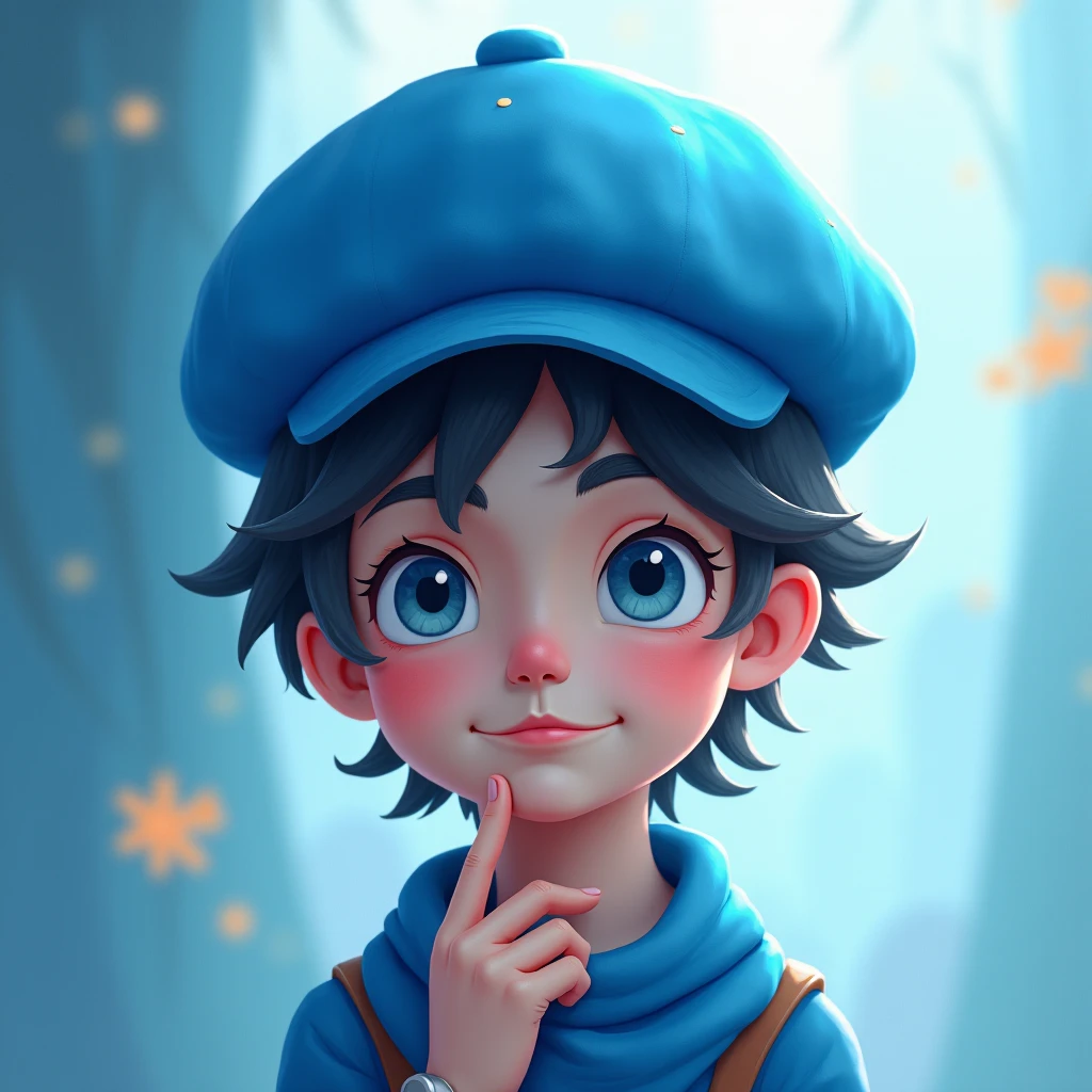 A boy with dark blue hair behind the school and behind him a blue ghost and laughing and there is blood on the ground and he has a hammer