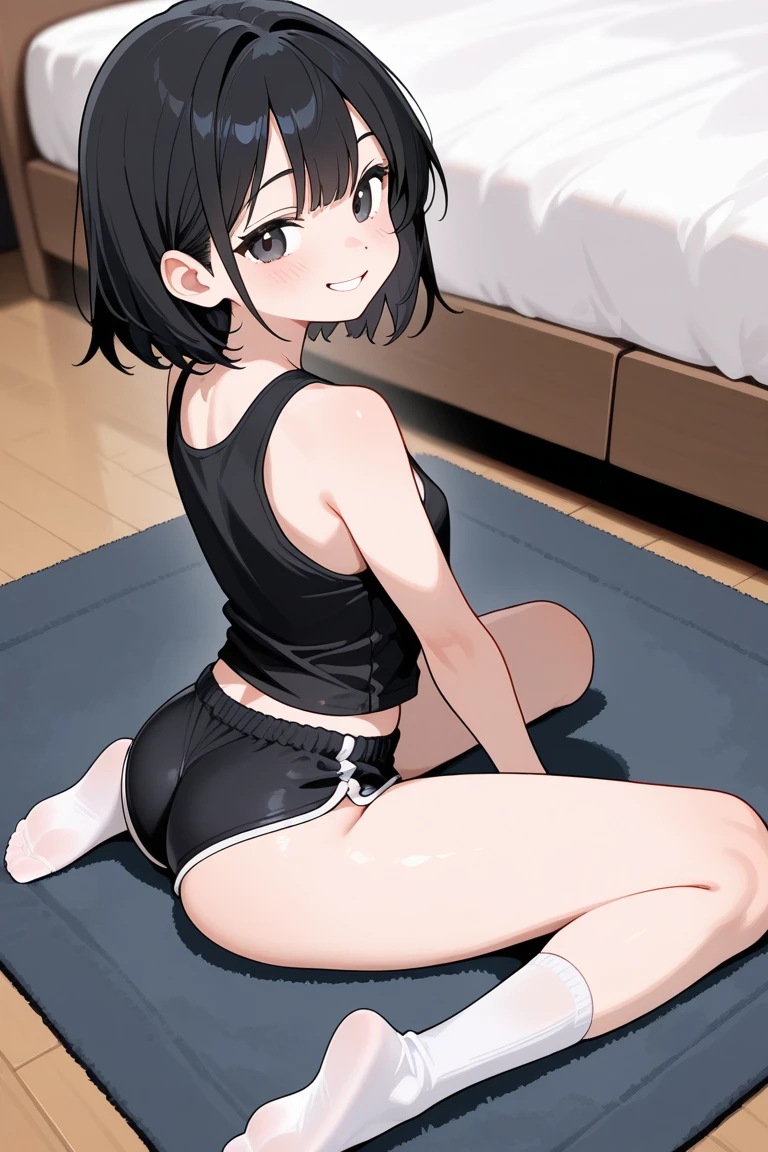 A girl with glasses, short black hair, a basketball uniform with a crop top and shorts, shy pose, sitting with her back bent, showing her thighs, kneeling and bending over, on a bed, a view from behind, showing her back, big butt.