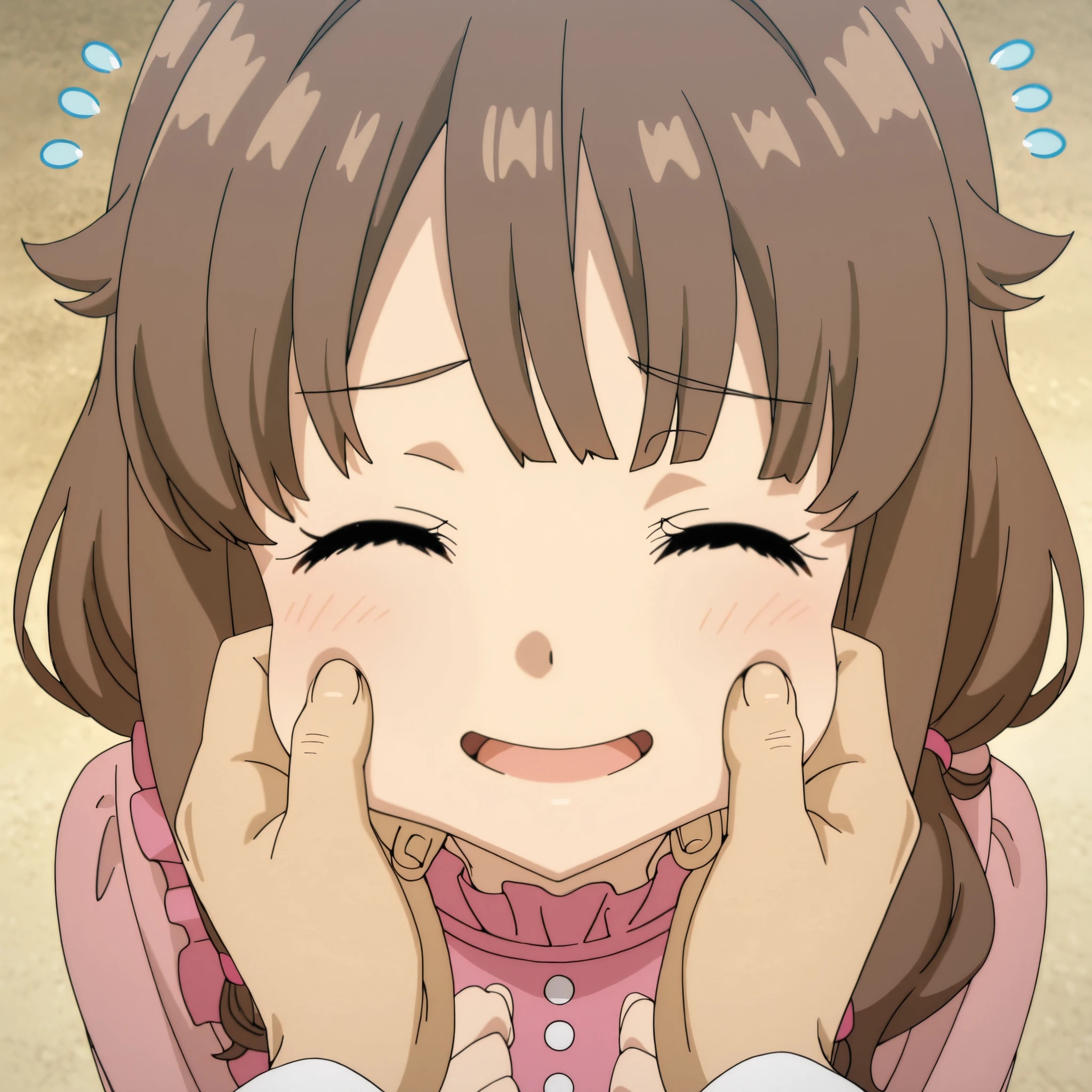 best quality, high quality,amazing quality,highres, absurdres, newest,anime screencap,anime coloring,highly detailed illustrations,perfect eyes,detail1eye,well-defined fingers,anime style,perfect anatomy, perfect fingers,5 fingers, BREAK 1girl,solo,Kaede Azusagawa, brown hair, twintails, bangs, brown eyes, hair flaps,pink shirt, frills,=_=,smile,light blush, BREAK pinch girl cheeks with both hands, cheek pinching, pinching,open mouth, solo focus, closed eyes, upper body, (face close up:1.3),flying sweatdrops,front view, from above,pov,(bright background)