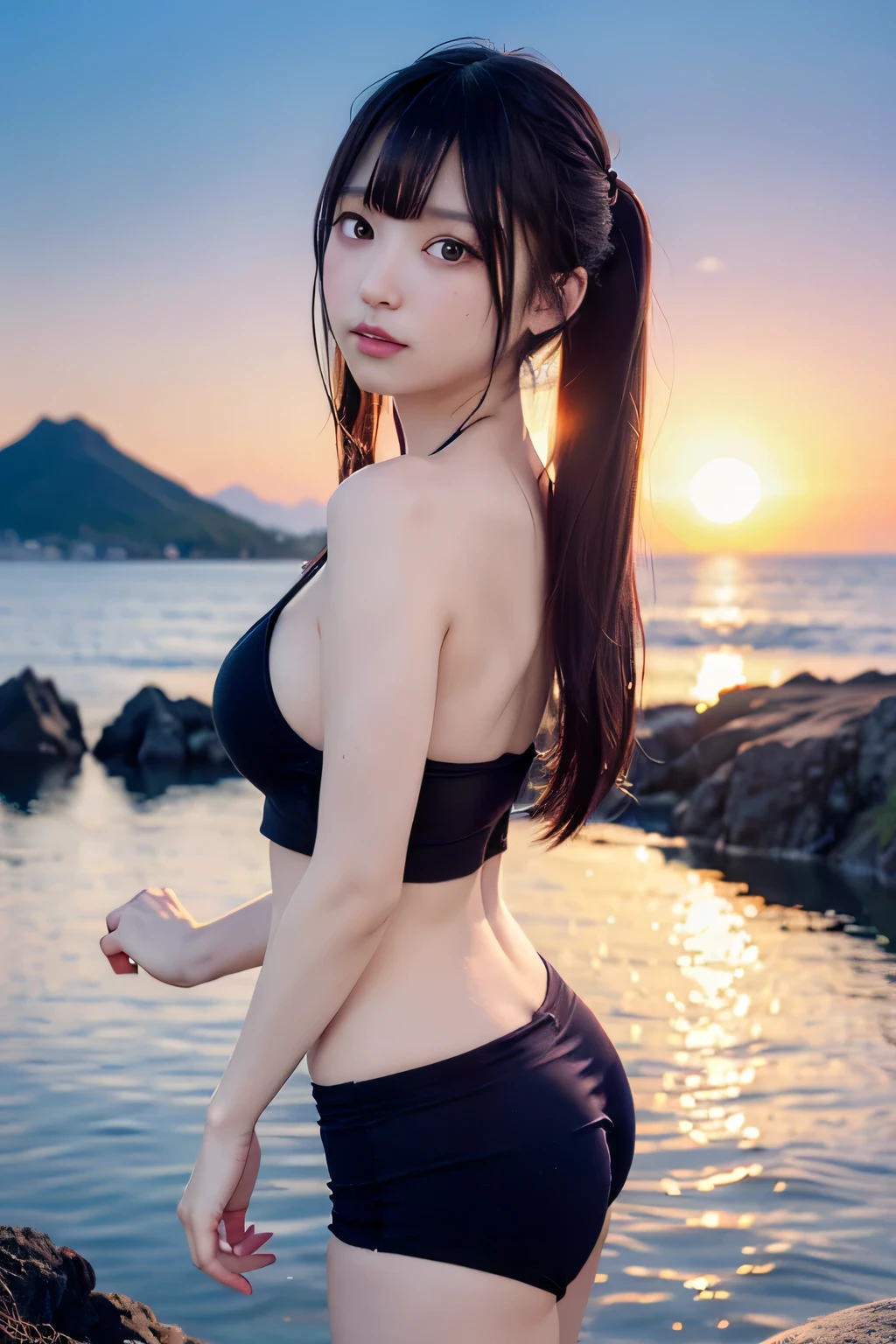 8k, raw photo, best quality, hires, realistic, photorealistic, extremely detailed 8k wallpaper, beautifully detailed eyes, finely detailed face,
 break 
strong rim backlighting to shirts, bokeh,
 break 
perfectly anatomically correct:1.2,
 break 
(a range of volcano mountains in the distance is silhouetted against the sky creating a serene backdrop with gentle slopes, rocky hills),
[the image captures a tranquil seaside landscape during sunset, evident from the soft and warm light casting an inviting glow across the scene],
stretching across the foreground is a tidal flat with its wet terrain revealing reflective patches of water among the dark and uneven surface,
the calm and expansive sea meets the horizon beyond the beach,
its waters transitioning from darker tones to a lighter shade near the horizon under the fading daylight,
the coastline curves to the right inward marked by lush greenery and several structures partially obscured by trees,
the sky above is clear with just a hint of soft pastel colors blending into the blue and suggesting the approach of evening,
the overall mood is peaceful and imbued with the soothing colors and tranquil atmosphere characteristic of a quiet coastal scene,

1 female, short pigtails,
(straightly open both hands up to the sky:1.2),
SHIMAMURA sheer mesh shirts + sober-colored SHIMAMURA short pants,
very curvy thighs,
[spherical shaped large soft buttocks],
[pointy breasts],
looking back viewer:1.0,
cute natural anime face,
symmetrical clear eyes, chocolate color eyes with captivating reflections,
symmetrical face line, stereoscopic projection of  face,
wide-set eyes, gentle narrow eyes, [double eyelids], tareme, reverse banana-shaped round eyes, [moderate eye bags],
small face, round face, rounded jaw, oval-shaped face, thin lips, small nose, chiseled face, blush, embarrassed, healthy skin color,
an ultimate state of feeling so ecstacy that stars appear in the brain,
 break 
(from behind:1.1), full body, low angle