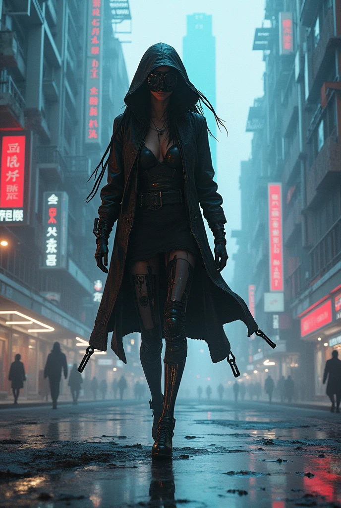 full body shot photo of the most beautiful artwork in the world featuring a modern female (rogue thief:1.1) wearing multiple layer (leather armor:1.1), sexy, big eyes, urban tokyo futuristic look, neon lights, night, slow motion, reflections, orange raincoat, intricate detail, nostalgia, high boots, heart professional majestic oil painting by Ed Binkley, Atey Ghailan, Studio Ghibli, by Jeremy Mann, Gregory Manchess, Antonio Moro, trending on ArtStation, trending on CGSociety, Intricate, High Detail, Sharp focus, dramatic, photorealistic painting art by midjourney and greg rutkowski