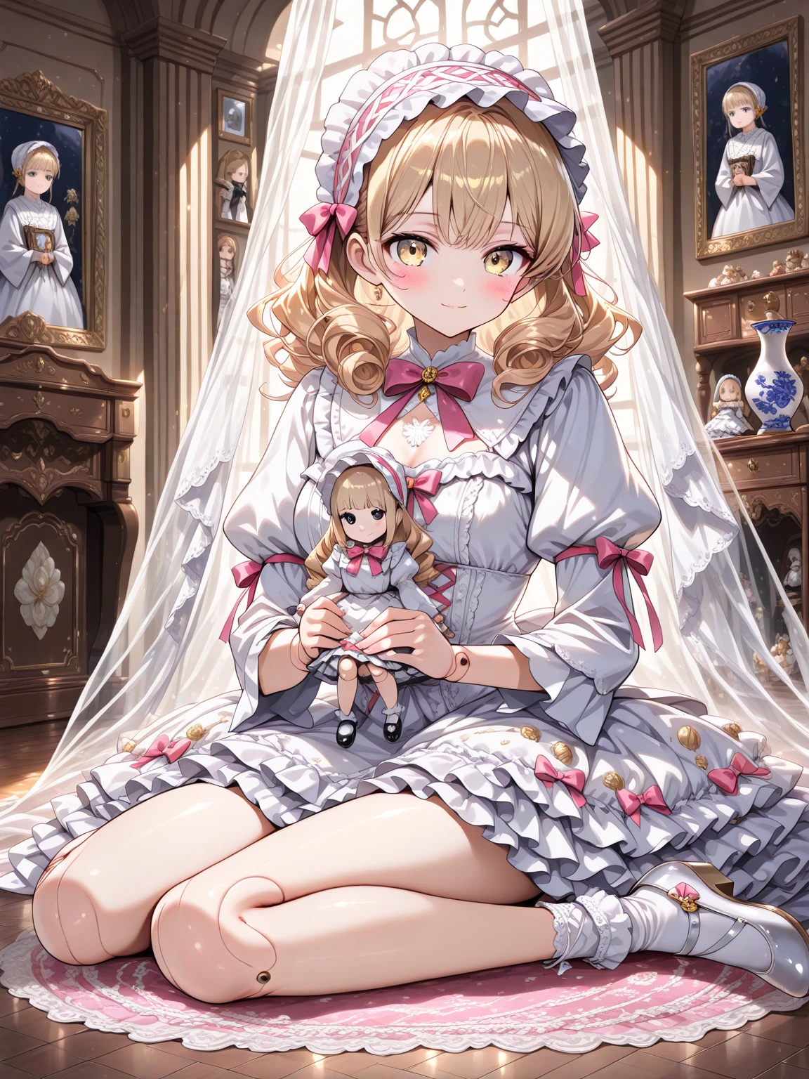 (masterpiece、Highest quality、Highest quality、Official Art、Beautiful and beautiful:1.2)、(One girl:1.3)Hatsune Miku、Twin tails,Beautiful breasts, Tabletop, Highest quality, (((Solo Janet))), (((Platinum Blonde Hair))), Long braided ponytail, (((Wide Hips))), (((Light blue eyelids and lips, Captivating smile, Cleavage, Sit on a wooden throne, (((Bookshelf, Candles))) sunset, blush , ((An open kimono with intricate gold patterns)), Bare shoulders, ((Sexual innuendo)), Perfect beautiful eyes, Detailed eyes. Thick ripped boobs)), (Thick thighs), top down, Looking down, (((Glowing Skin))), (((Chubby))), (((Crystal Ball)), necklace, bracelet, Hoop Earrings, (((Faces of Europe))), ((Oiran)), Japanese clothing, Boob Plate, heart, Complex, eye shadow, Floral, hairpin, ((lipstick)), compensate, Red lips, sarashi, ((kiseru)), Hairpin, ((mascara)), (((Tarot cards on the floor)))