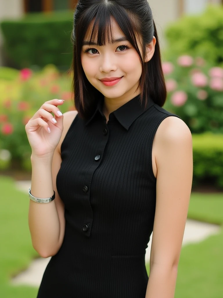 photorealistic, masterpiece, high resolution, high detailed,
1 pretty girl, rika shiraki, platinum black hair, looking at viewer, frilled sleeveless, smile, open mouth, tilting head, both hands on hips, tilting waist, Ivanka Trump,
