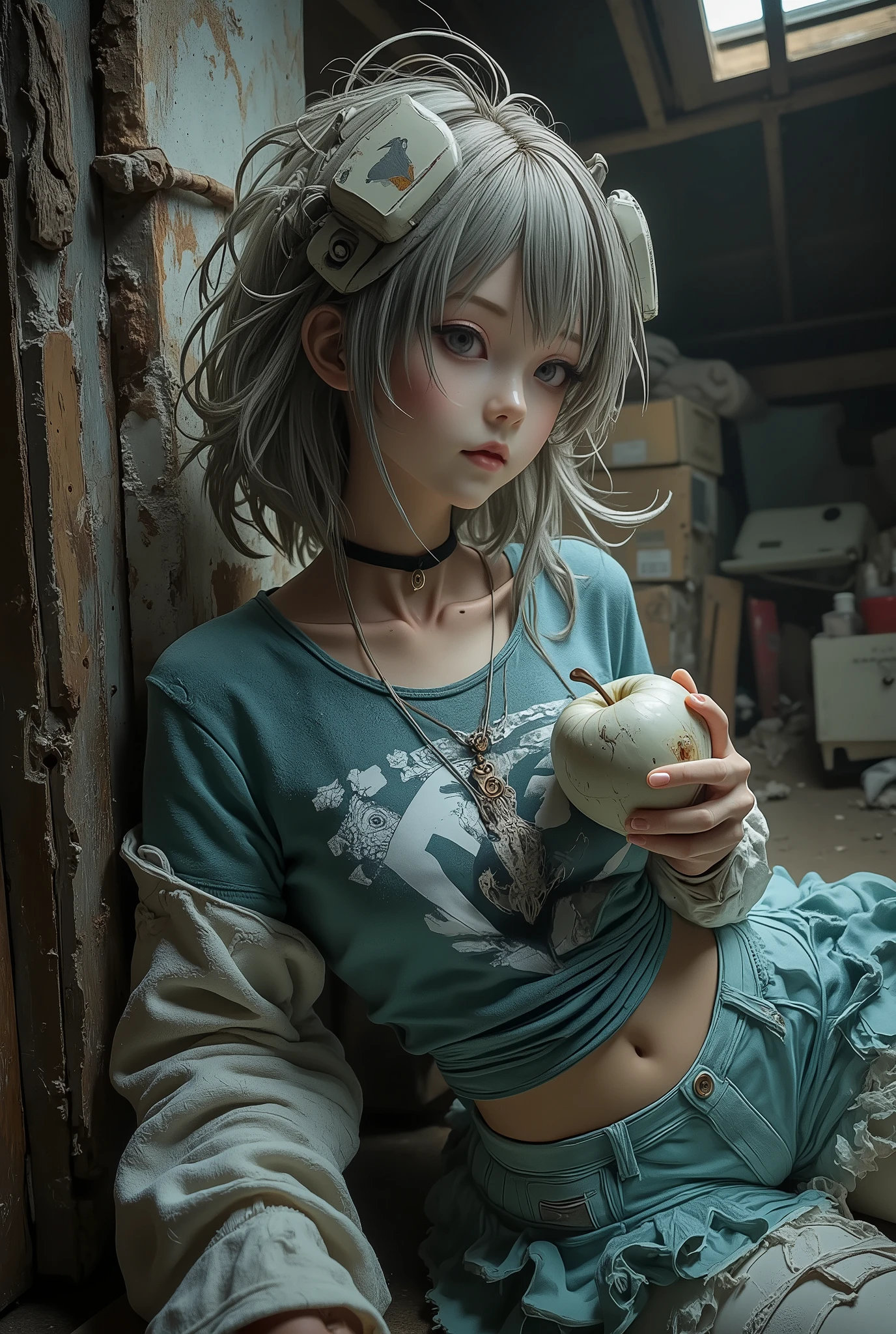 Cinematic shot, dark horror. A dusty old attic. A strange antique mechanical porcelain doll, covered with dust and cobwebs, is lying in a corner. A cracked face with delicate features is half-turned towards the viewer. (Large incredibly beautiful lemon-colored glass eyes), long blue eyelashes, a thin network of small cracks on a white porcelain face, well-defined lips, very feminine, cool shade of fuchsia, incredible. The doll's body is partially mechanical. All metal connections are visible. Rust. The doll is dressed in an old worn-out dress made of torn blue silk, on a corset, she has long, dusty hair (turquoise color), her hairstyle is disheveled. She holds an apple in her hands. In the background is a cluttered gloomy dark attic. The light falls on the doll from above through a trapdoor in the ceiling. This gives the image an ominous appearance. details. (extremely detailed image details), realistic lighting, detailed and beautiful luster. Medium travel style, cinematic style, steampunk, retro futurism.