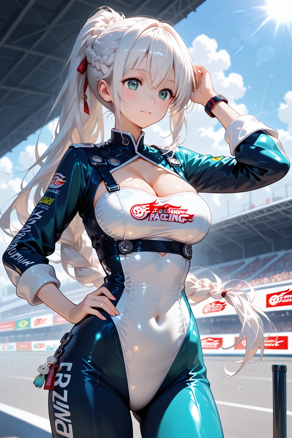beautiful silver hair, very short hair, Blue eyes, bezel, ponytails, blunt bangs, Woman with dark skin, sunburnt, slim waist, wide hips, nipples are visible, lace-up boots, pleated nylon skirt, smile, Small parts, sexy pose, Enchanting pose, arched back, shot in the chest, nipples are visible, middle chest sinks, Willow waist, wide hips, Racer, Formula 1, Auto racing track