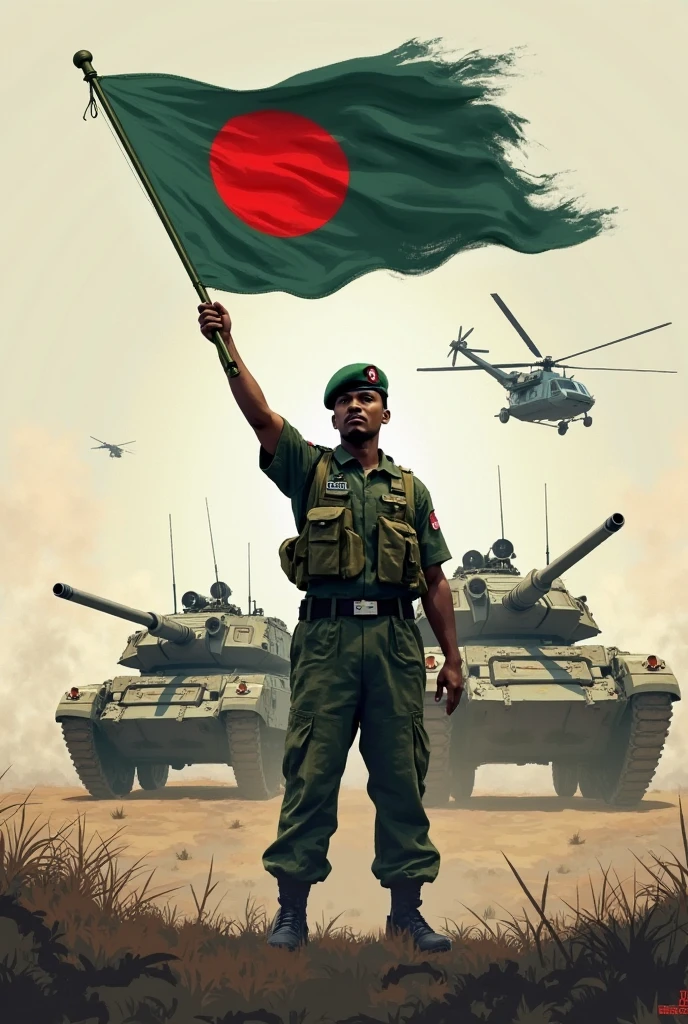 A small boy standing on a war tank salutes the infornt of Bangladeshi flag