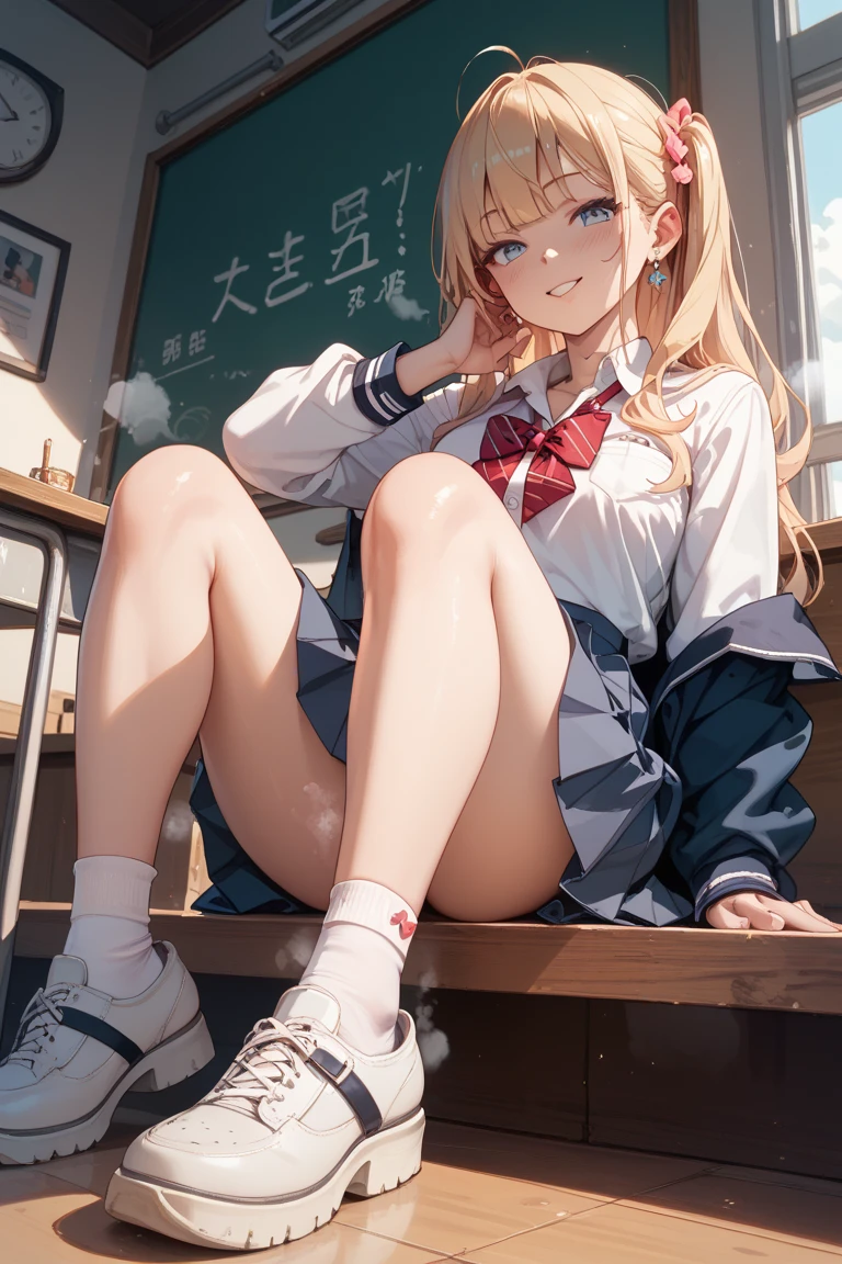 1girl in、A smile、The shirt、skirt by the、（small tits）Chilarism、Japan High School Student Uniform、serafuku、summer clothing、Squall Drenched Uniform、（Sheer Bra）、Upper body portrait、blonde  hair、Squatting panchira、