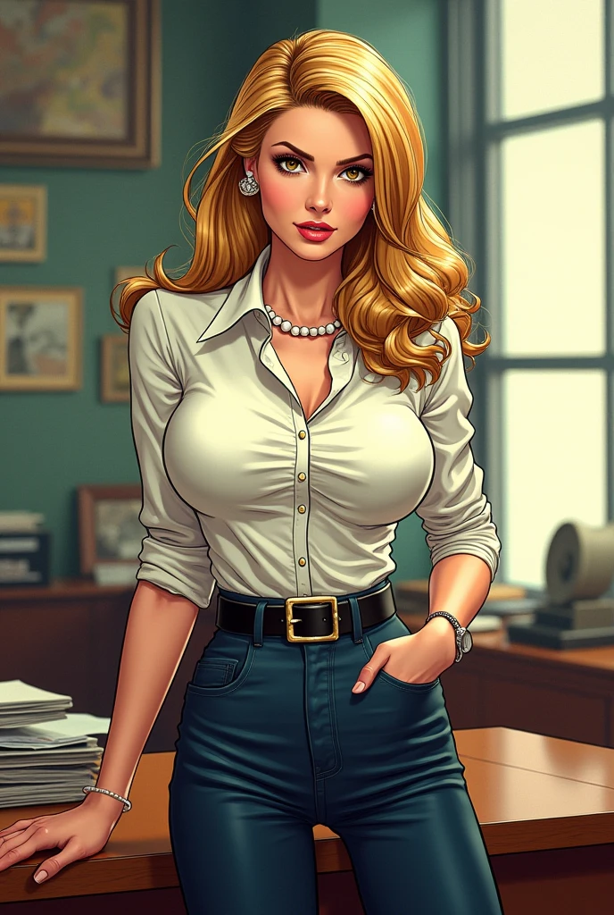 pretty woman, (1girl:1.3), Cropped Blazer, Blonde hair, Dress pants, rubenesque, pinup, cowboy shot, standing , in a retro-futuristic setting