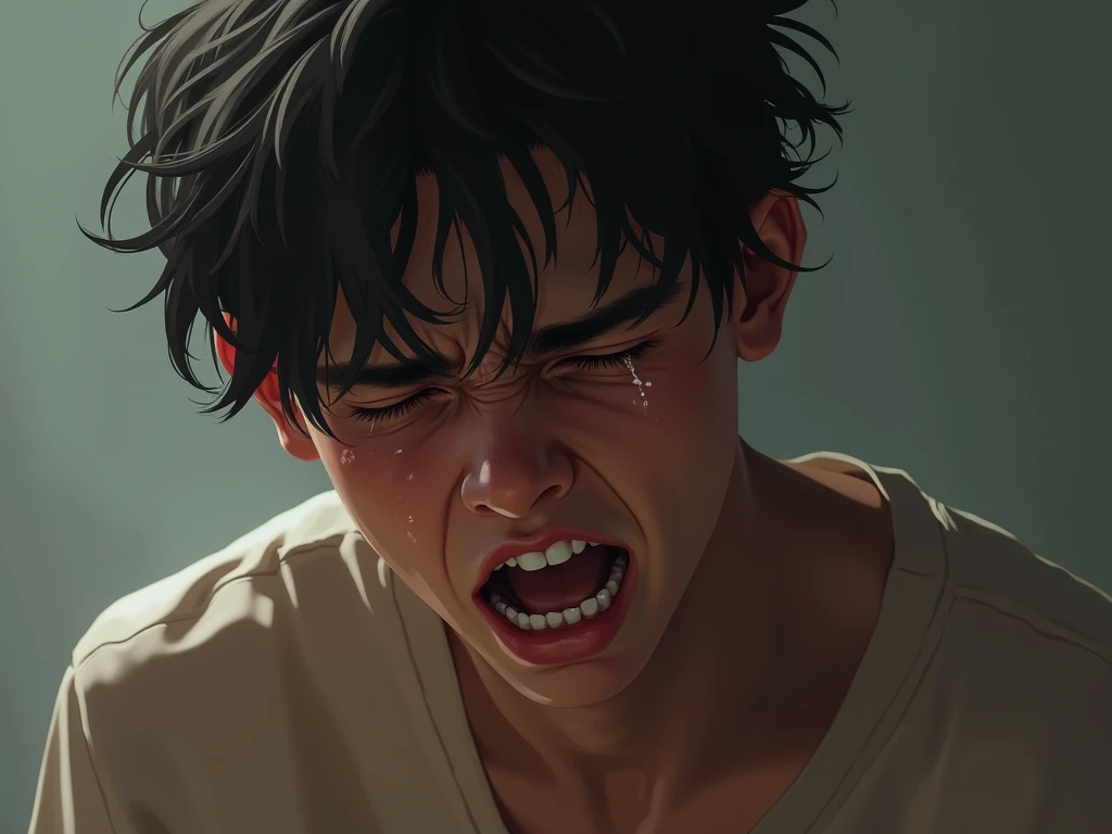 Man in pain sweating mouth open