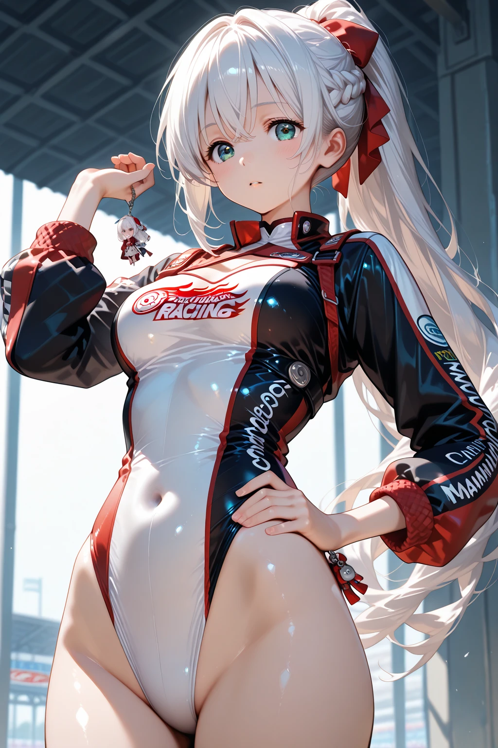 Highest quality、super high quality、16K, Breast size is random、Facial expressions are random、Location is random、 Hair color is silver hair、Pose standing、The distance is random、The angle is from the side、Small face、Very delicate facial expressions、Delicate eye depiction、Highly detailed hair、Erotic、18-year-old female、Glowing Skin、Soft Skin、The only sexy Japanese woman、Race queen outfit random、