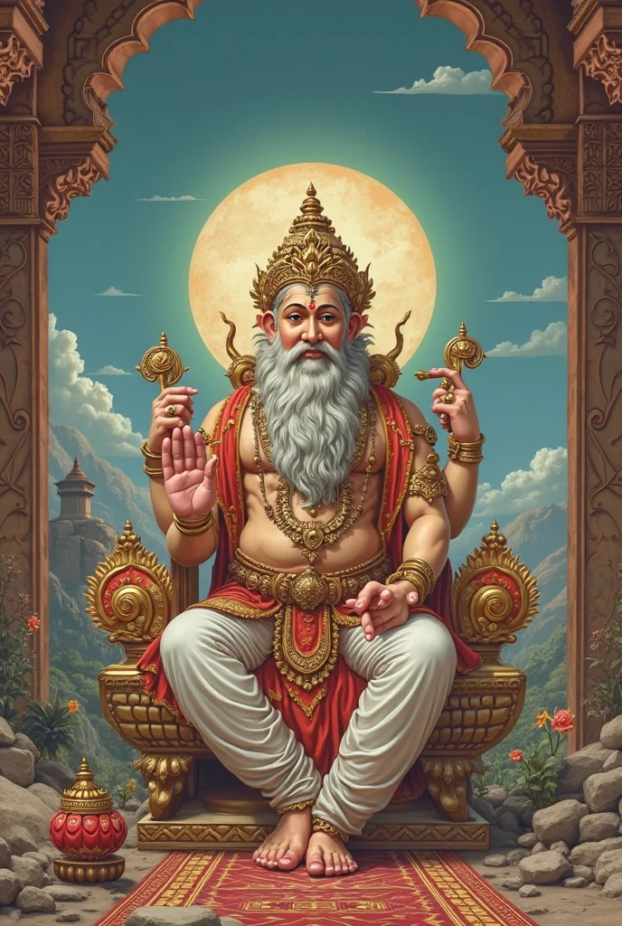A man with four heads sitting on a lotus, have four hands, books in two hands in the air, one hand holds a golden rod, indian god, hindu gods, hindu god, god of wealth, attractive male deity, hinduism, hindu aesthetic, hindu stages of meditation, sitting on a lotus flower, wise old indian guru, Realistic clouds in background, lord brahma, white long hairs and beard