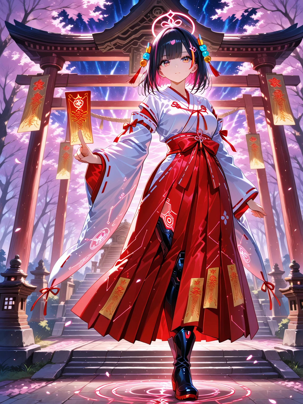 [(detailed Background:1.4)::5],Original,(Illustration:1.1),(Best Quality),(masutepiece:1.1),(the Extremely Detailed CG Unity 8K Wallpapers:1.1), (Colorful:0.9),(mid-shot:0.95),(very detailed beautiful full body),Dynamic Angle,(Solo:1.2), (girl),(((Adult))), (Detailed beautiful eyes:1.15), (Beautiful face:1.15), (glowing red eyes:1.25////),(black hair),paleskin，Pink pupils，Red bow，amaryllis，((Evil smile))，Crystal earrings on the ears，Raven feather skirt,full body,wearing miko thighhighs,((black long hair)),black long hair,night,slim body,thin legs,slender,