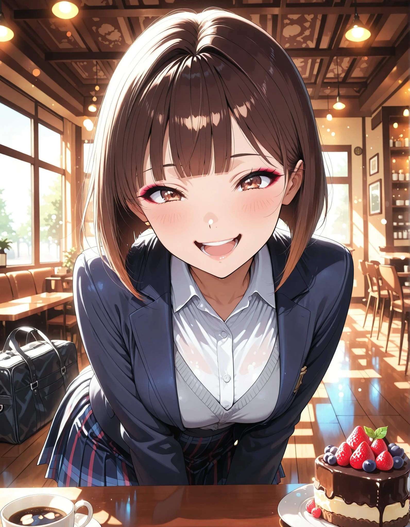 Adorable School Girls, ((1 woman)), Anime Style, Beautiful girl, beautiful girl, School Girl Outfit, bring chocolate cake, close-up, ((brown hair, inverted bob, blunt bangs, reddish brown eyes, laughing)), Dark blue blazer, grey cardigan, white shirt, plaid pleated skirt, school bag that stands in dignity, Lean forward, cowboy shot, natural pose, Sexy Poses, ((cafe, Calming interior, delicious dessert)), illuminated by natural light, elegant expression, soft smile, Elegant Makeup, behave politely, elegant and delicate atmosphere, High Quality, Flat Anime, 4K, HDR, reproduced in extreme detail, is shy while, bright colors, Bokeh Backgrounds, high-definition illustration with an emphasis on detail, Utopian,