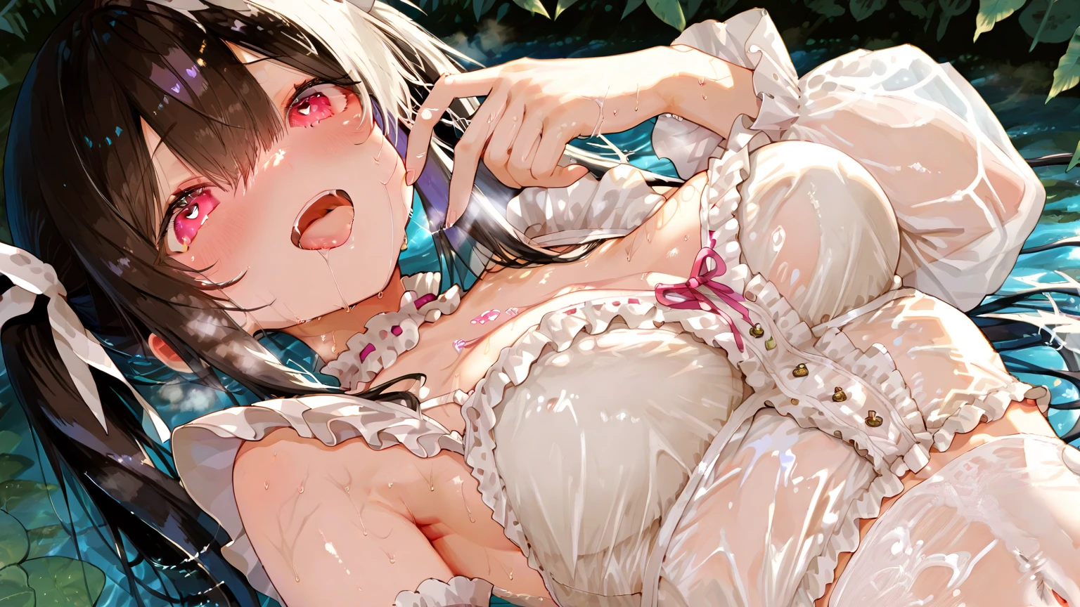 {artoria pendragon_fate ubw:1.15},(((black hair:1.5))), ((beautiful dark blue_eyes:1.5)), , ((Strong light )) ,  ((1 very tall girl:1.6)),, alone,((very surprised eyes:1.7)),  hair between eyes,,, bare shoulders,, cleavage, thighhighs, ((( very long straight hair:1.5 ))), ((torn wet white camisole, see-through:1.8)) , beautiful light, , close up face:0.2,　detail navel , detail thin thigs, ,  ((sitting on blue green liquid:1.8)), ((Legs trembling)),                                                                                                                                                                                                                      
trouble eyebrow, ((wet white panties:1.7)) ,                             　　　　　　　　　　　　　　　　　　　　　　　　　　　　　　　　　　　　　　　　　　　　　　　　　　　　　　　　　　　nsfw,(ecstasy:1.8) ,(slut:1.6),(vulgarity:1.7),(fucked silly:1.8),(steam:1.5),(wet:1.5),(trembling:1.5),(((Twisting the body:1.8))) ,(drooling:0.6),(sweat:1.5),closed mouth:0.8, wince,(orgasm:1.7), trembling:1.8,　　　　　　　　　　　　　　　　　　　　　　　　　　　　　　　　　　　　　　　　　　　　　　　　　　　　　　 beautiful upper body, Beautiful body, beautiful character design, perfect eyes, Perfect face, expressive eyes, ,(church:1.5),in the center of the image, official art,High Definition CG Unity, Perfect lit, bright_front_face_lit, ,(Highest_quality:1.0),4k,Super detailed, photograph, 8K, nffsw, High resolution, absurd:1.2, kodak portrait 400, film grain, Lens flare, (lively_color:1.2) (beautiful,small breasts:1.4), (beautiful_face:1.3),(narrow_waist),((blush)), ((detail nipple)),,saber, dress, pony tail