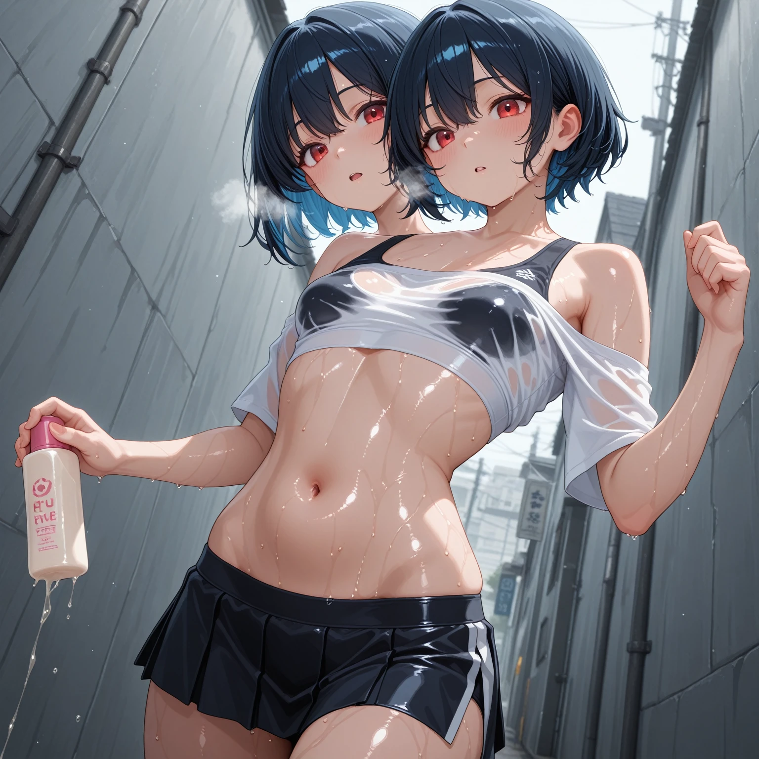 1young_teen_girls、、brown_hair、short_ponytail, long_bangs、blue_midriff_baring_sailor_uniform、hort_sleeve、thighthighs、big_tits, sleepy, Sorrisos、open_mouth、dynamic_pose, childlike_posing ,harbor,dock_background、spread_legs、happiness、NSFW、short_gloves, (wet:1.4),transparent,covered_nipples, covered_crotch, under_tits, sweat, bare_thighs, large_ass, covered_anal, back_view,