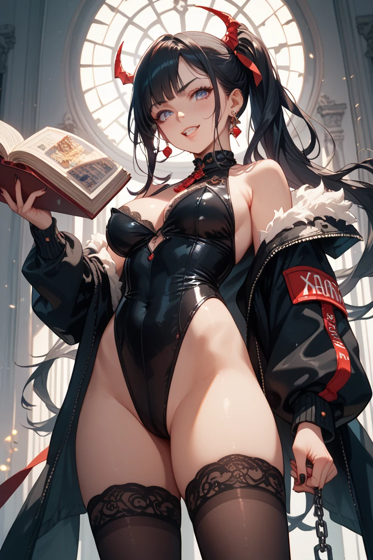 Beautiful female magician, 16 years old, Throwing cards, long hair in a ponytail,, bangs, Wear glasses, Bright smile, wearing a black bunny costume, Wear a long-tailed tuxedo., Wear black stockings., There are many flight tickets.,