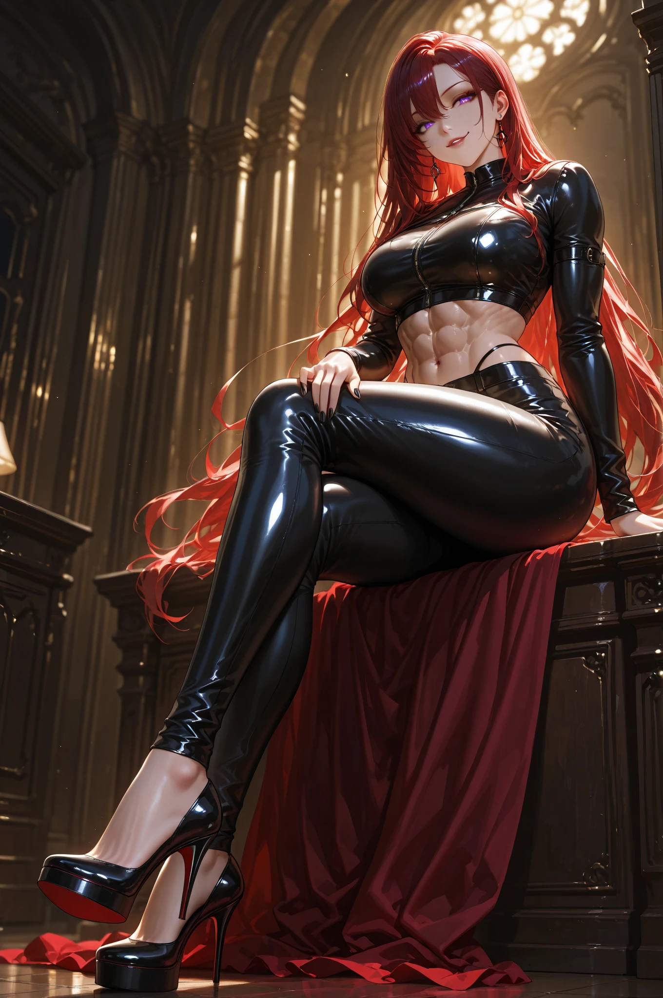 (megan fox), young vampire girl, bodybuilder physique, seductive face, seductive look, long red hair, perfect muscular body, long thin legs, (leather leotard, thigh highs & high heels), small breasts, (huge muscular shoulders:1.45), (full body shot), (blank background:1.25), MeganF_SoloTI_v1