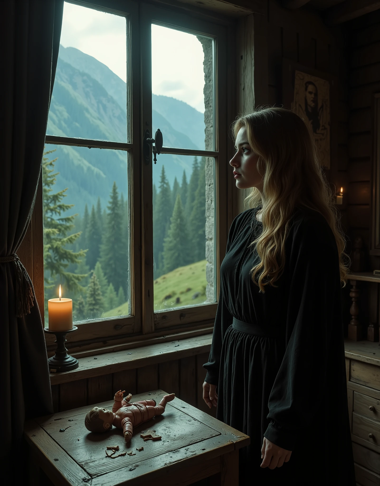 a woman who looks like Audrey Hepburn, she has long hair and is wearing dark clothes, in an old cabin in the Swiss mountains, looking sadly out the window at the forest and mountains on the wooden table is a shattered and crack porcelain doll, the type made in Eastern Europe, volumetric lighting, classic horror comic aesthetic, muted colors, high-contrast, sepia tones, chiaroscuro lighting, grainy texture, low-key lighting, deep shadows, retro mise-en-scène, noir palette, Giallo vibrancy, smoky ambiance, cinematic composition, detailed, intricate, medium contrast, murky red and green back lighting, volumetric lighting, Frazetta, James Bama, Jim Steranko, Bernie Wrightson, lurid and vivid, NSFW, perfect anatomy, masterpiece, HD, 8x, "anatomically correct human" "realistic proportions" "natural human pose" "full figure, accurate anatomy" "correct fingers and joints" 1970s Giallo cinema, moody lighting, chiaroscuro, Italian pulp comic color palette, saturated reds and greens, film grain, foggy lens, dramatic shadows, unnatural angles, the edges of image are old and torn and stained,