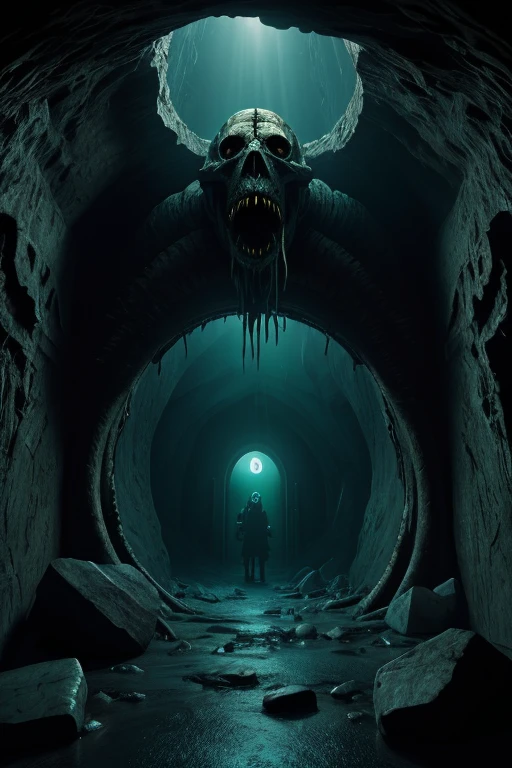 A glowing black Cthulhu monster walking in a cave，Emitting black mist，Invisible，Blurry monster，It's huge，Lovecraftian gods，The terrifying god，The abyss of madness。Lovecraft atmosphere，Lovecraftian inspiration，lovecraftian background，Dark background，Weird atmosphere，Strange sounds，Doomsday atmosphere，Unpredictable atmosphere。