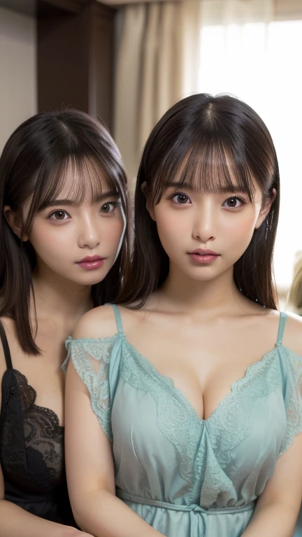 full body Esbian、(Skin blemishes:1.2)、 (Skindentation)、 Black eye、 ((1womanl))、 独奏、 realisitic、 top-quality、 Photorealsitic、 masterpiece、 hight resolution、 独奏、 extra detailed face、 Keep the original facial proportions、 s lips、 lipsticks、 seducting smile、 Eye lashes、 Mole、 (Mole under the eyes:1)、masutepiece、Best Quality、High resolution、Full body、Looking at Viewer、inside in room、Bedrooms、on the beds、Realistic、Curve、Blunt bangs、 grin、medium breasts、lace bra、frilled panties、 ((Black underwear))、bared chest、Leaning forward、 NSFW、Beautuful Women、22year old、(In the Dark:1.6)