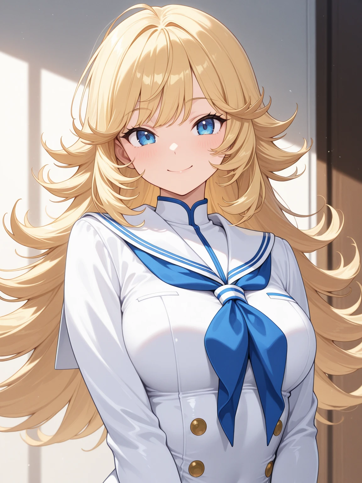 View the whole body from the front、Shoot head-on,View from the front、White background、Solid color background、1girl in, Solo, Open your mouth wide to the maximum、Student Shoes、Sailor uniform、Sailor cap、odd eye、thin lipss、Long blonde hair and white shirt, anime look of a cute girl, blonde anime girl with long hair, cheely smile, Beautiful high school student anime girl, anime visual of a young woman, extremely cute anime girl face, Best Girl anime