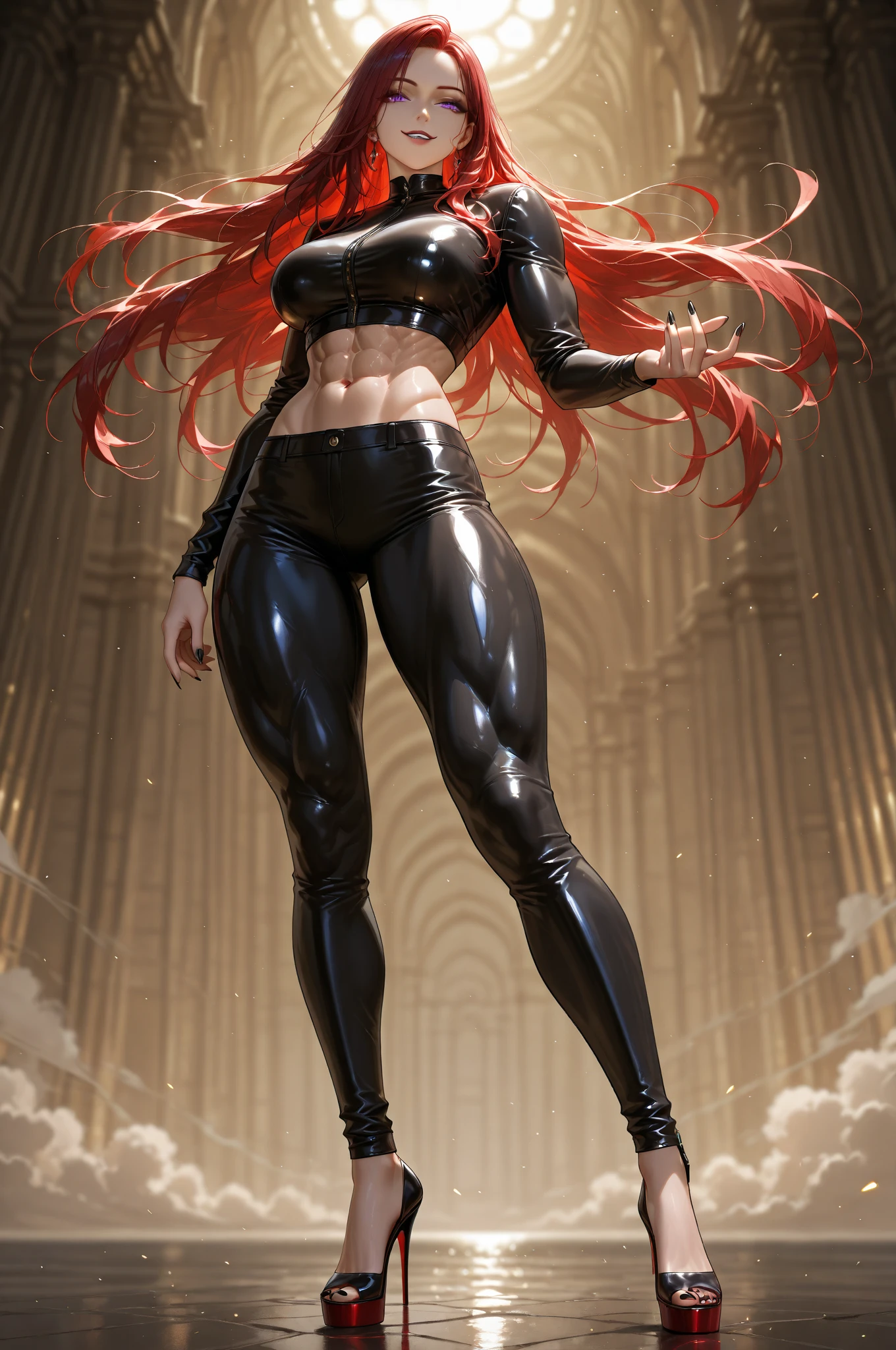 ((( melhor qualidade ))), ((( obra prima ))), ((( absurdres ))), ((( corpo inteiro))), muscular woman and beautiful warrior Barbara wielding, roupa preta e vermelha com metal, Conan or barbarian style, estilo Simon Bisley para uma capa da revista Heavy Metal, (( Tiny thong made of black animal skin )), (((fur))), (( seios grandes semi cobertos por pele de urso animal negro )), decote generoso, colar de ossos e dentes, brinco de ossos, fantastical setting, ((( corpo inteiro ))), ((( flowing red blonde hair ))), (((corpo inteiro)))