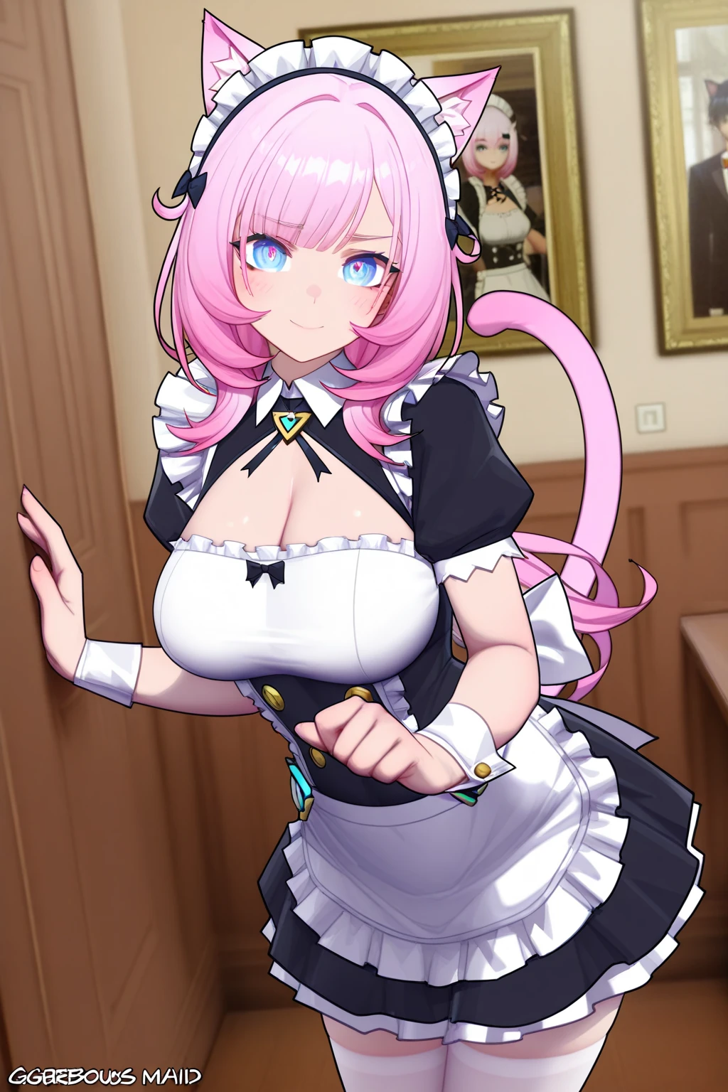 score_9, score_8_up, score_7_up, source_anime, solo, 1girl, meroune lorelei, monster girl, mermaid, scales, webbed hands, happy, looking at viewer, upper teeth, waving, maid headdress, pointy ears, head fins, frills, black dress, waist apron, puffy short sleeves, bare shoulders, cleavage, indoors  <lora:monstermusume_meroune_ponyXL_1:1>