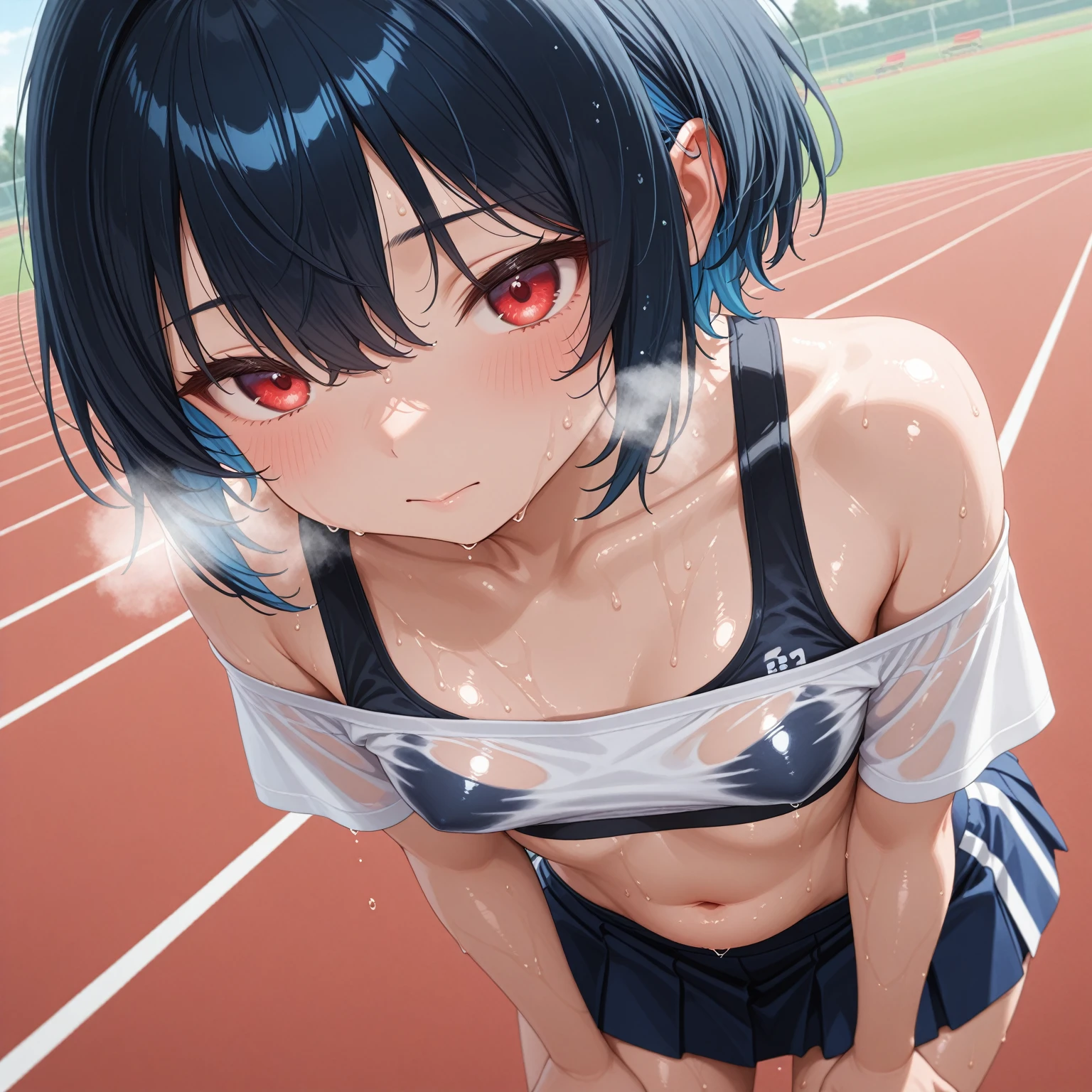 1 female,black hair,((12 years old)),(((white and blue sports bra and shorts)))(((blush、open mouth smile)),(((Yuki Mikan))),crowd(baby girl body shape)(((small breasts)))squat,((wet with sweat))outdoor playground,Mansuji