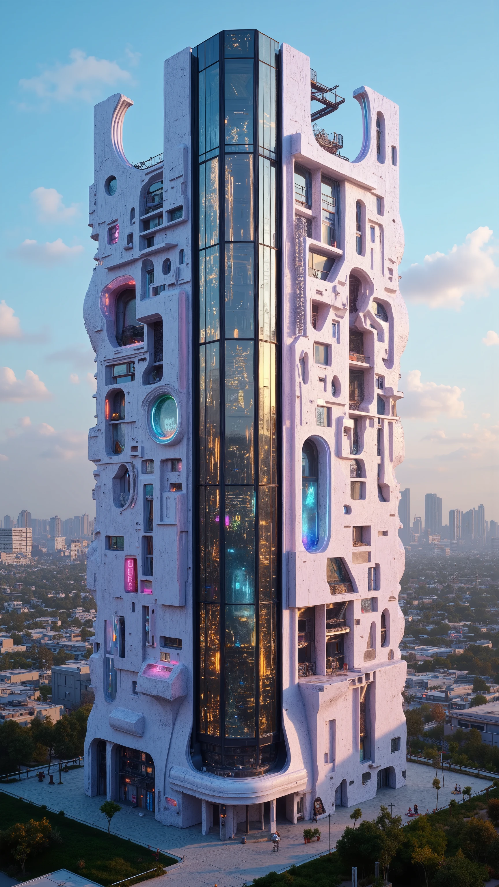 In modern-day Los Angeles, a 250-foot tall skyscraper, the frame made entirely out of a translucent quartz crystal. The outside frame is hollowed out to make the structure in just one piece. Found far inside the earth, this quartz crystal point is generic, i.e., crystal clear. Show the extreme detail of the skyscraper, including how the windows, doors, and structure are one piece of crystal. Use neon colored lights to accentuate the details of the crystal frame. Show the individual offices or apartments within and each carefully carved out window sill. Show this structure right next to a modern skyscraper that already exists in real life.  Super advanced high tech architectural style and design, best quality innovation and ambition in avant-garde architectural engineering and digital design, Ultra-realistic, photo-realistic, ultra-detailed, 8k, professional movie quality images, cinematic photography, realistic vision, photorealistic, hyperrealistic, 3D rendered, icon style, intricate, complex and detailed features, multiple views, multiple perspectives, UHD, full focus, highres, best quality, realism, professional masterpiece 