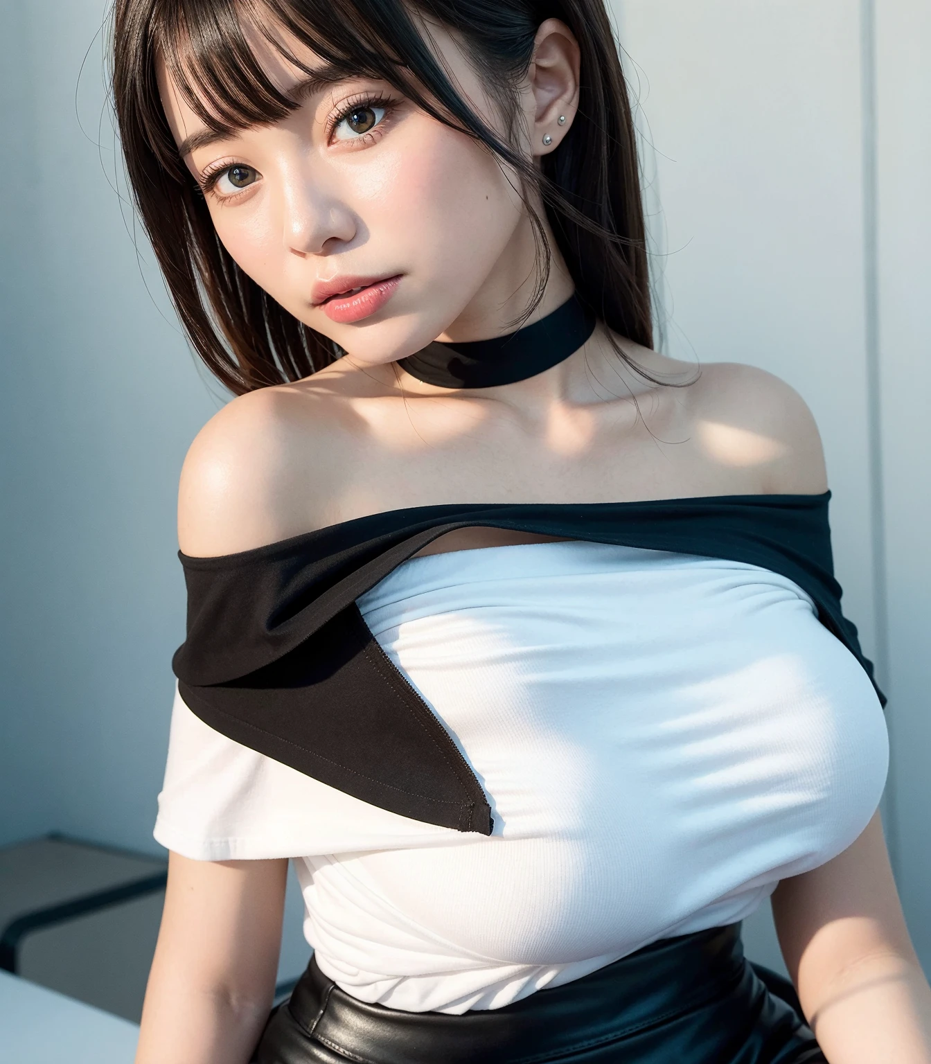 highest quality, ultra high resolution, (realistic:1.4), 1 girl, off shoulder white shirt, black tight skirt, black choker, (faded gray hair:1), (huge breasts:1.2), looking at the viewer, close ,