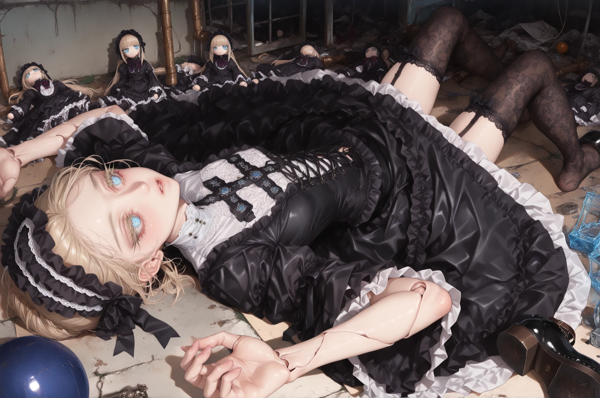 (soft lighting, natural light, simple background, random background, blurred background, bokeh background, dynamic angle, rating_explicit, perfect hand according to , slim body beauty,  young girl, detailed face and eyes), 

(1 Female, solo, Abandoned doll lying on the floor of an abandoned house. Head tilted, limbs spread, wearing antique gothic dress, headdress, stockings, one shoe. Sex doll, blonde hair, twist updo, blue glass eyes, long eyelashes, staring into the distance, parted lips:1.3), 