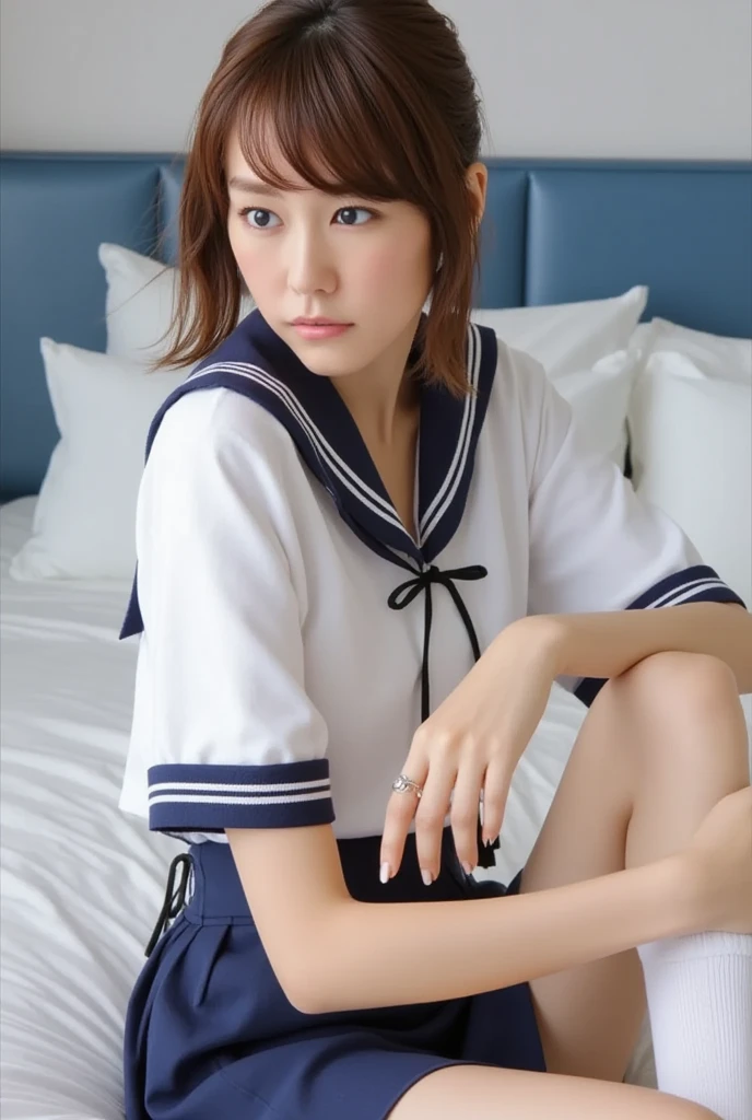 (masterpiece:1.3)、Very fine finish、(High resolution、8K:1.3)、(Highest quality)、(Ultra-realistic as a photo:1.3)、Correct limbs、Anatomically correct, The face is in focus、Sitting in a chair、I can see your thighs、Sexy super high resolution face、The face is in focus、Ultra high definition and beautiful eyes、Concentrated eyes、Eyes are symmetrical:1.3、High quality and beautiful skin、Firm Skin、Ultra HD Hair Texture、Japanese women、20-year-old、Red Hair、Short Bob Cut、very cute, Half Up:1.3, high school girl、high school girl break (Short-sleeved high school girl uniform、Short-sleeved sailor suit:1.3), (Embarrassing:1.3), (blush:1.3), (Troubled expression:1.3), Mr..々Shooting angle:1.3, View your viewers, Browsing Caution, Licking fingers、Yellow wall