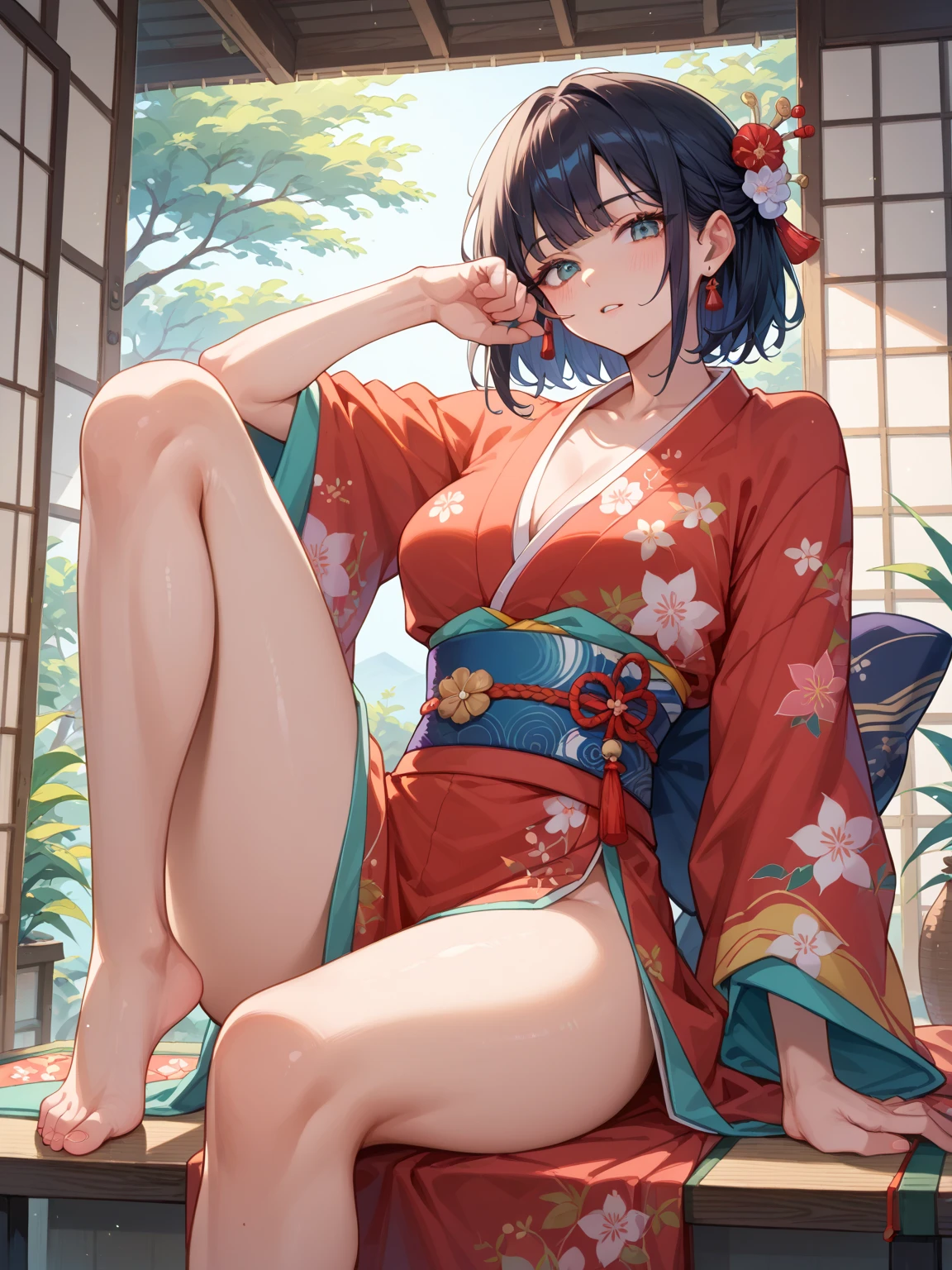 masutepiece, ultra-quality, Super Detail, Perfect drawing, beautiful girl in loincloth, Japan outfit, ((Sleep with your eyes closed)), Intense sleep phases、Big ass, Samurai, in yukata, Black ponytail, Hair tied up with a large red ribbon,blush (0.2),traditional Japanese room、Tropical night、Sleep disturbance、electric fan、mosquito coil、The wind is beautiful, Beautiful background, Accurate drawing, detailed drawin