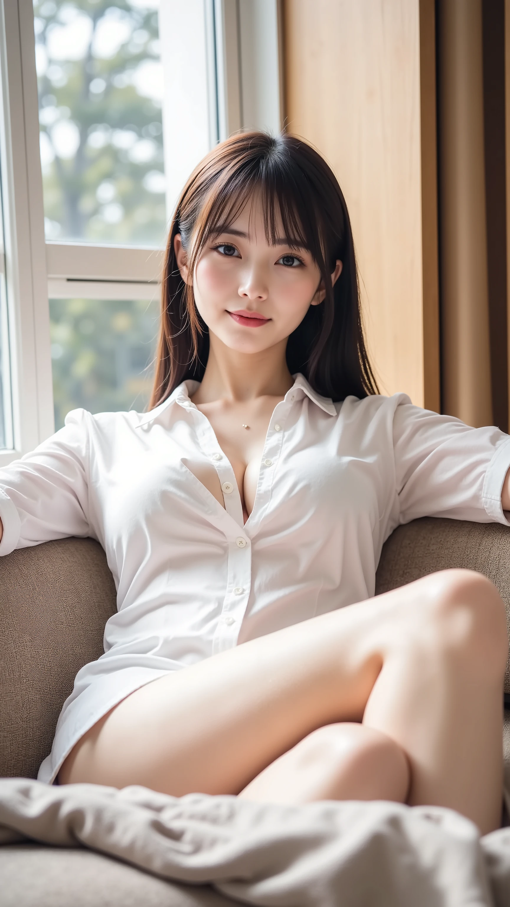 big breasts、white dress shirt、Light shirt、Secretarial style、cute 18yo girl, long straight black hair, masterpiece, 最high quality, 超high quality, high quality, High resolution, 超High resolution, disorganized, 4K, 8K, 16k, very detailed, high contrast, realistic, photo realistic, RAWphotograph, photograph, super fine illustration,perfect anatomy, correct anatomy, perfect proportions, perfect face, perfect legs、office