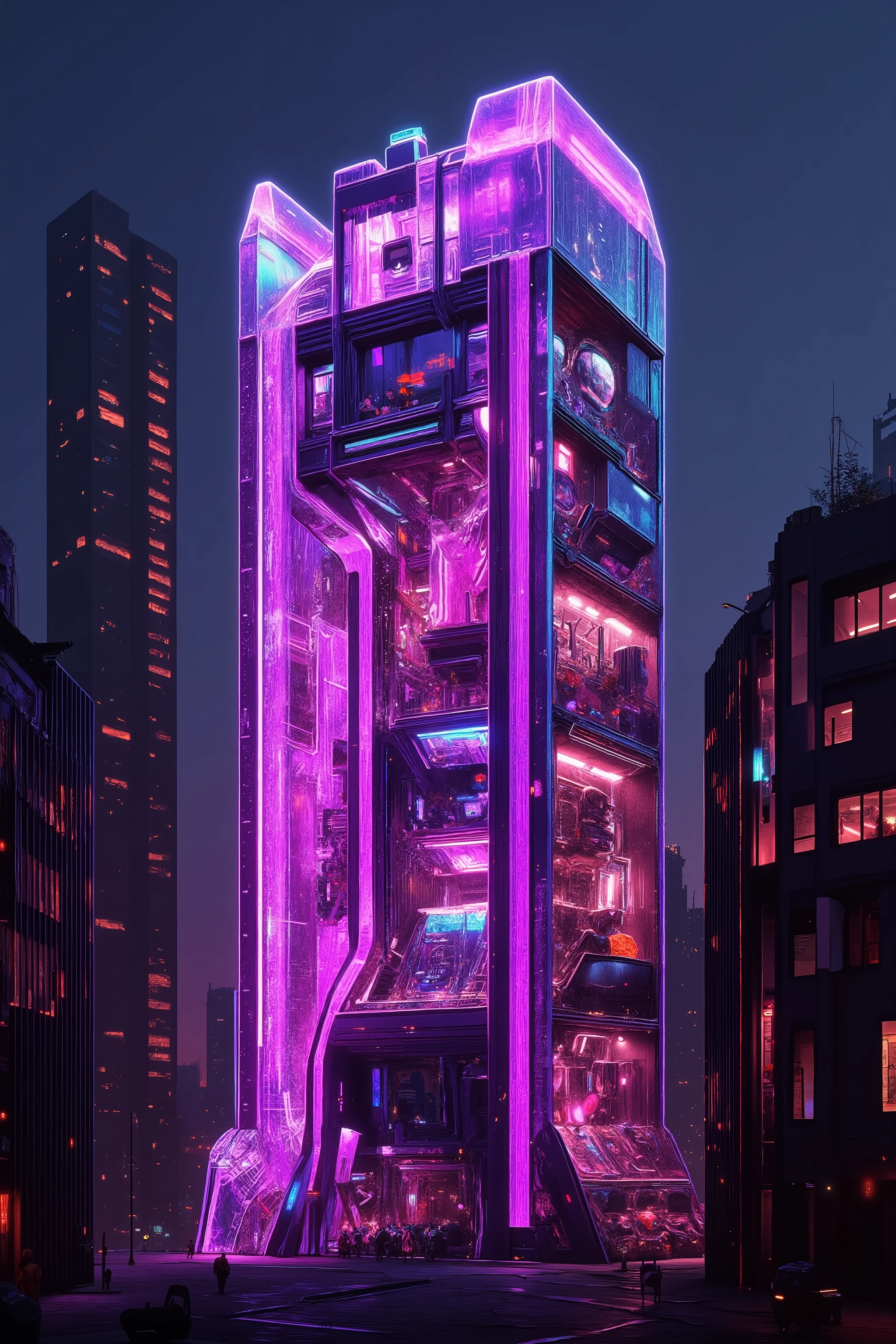 A cyberpunk synthwave skyscraper in modern-day New York City is made entirely out of a translucent quartz crystal. It is 200 feet tall and is cyberpunk neon pink, neon purple, laser hollowed out to make the structure in just one piece. Found far inside the earth, this quartz crystal point is an amethyst variety and is darkish purple, aesthetically accentuated with neon fluorescents. Show extreme detail of the skyscraper, including how the windows, doors, and structure are one piece of crystal. Show the individual offices within and each carefully carved out window sill. Put an elaborate waterfall that cascades down one side. Show this structure right next to a modern skyscraper that already exists in cyber neon light life.  Super advanced high tech architectural style and design, best quality innovation and ambition in avant-garde architectural engineering and digital design,Ultra-realistic, photo-realistic, ultra-detailed, 8k, professional movie quality images, cinematic photography, realistic vision, photorealistic, hyperrealistic, 3D rendered, neon infused, bright fluorescent psychedelic aesthetic, icon style, intricate, complex, surreal, whimsical, detailed facial features, eye contact, multiple views, multiple perspectives, UHD, full focus, highres, best quality, realism, professional masterpiece 