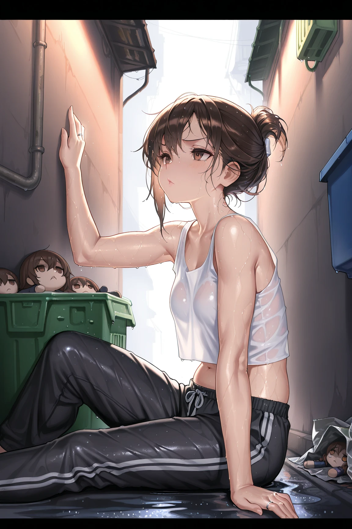 ((perfect anatomy:1.5,realistic:1.4,RAW Photography:1.4,masterpiece、highest quality、Ultra - High resolution、High resolution、Highly detailed CG、8K)),cowboy shot,1 female,solo,dancer,18-year-old、High school girl beautiful girl,Japanese,((beautiful detailed face and eyes:1.3,big gorgeous eyes:1.4,gray eyes)),dark brown hair,short bob hair,bangs,medium breasts,slender body,small head:1.3,skinny,(oily skin,gleaming skin,shiny skin、sweat:1.3),(white t-shirt、crop top、navel、pleated mini skirt、white panties、bare legs),sneaker shoes,squatting,((love juice:1.6)),stage、Tokyo、