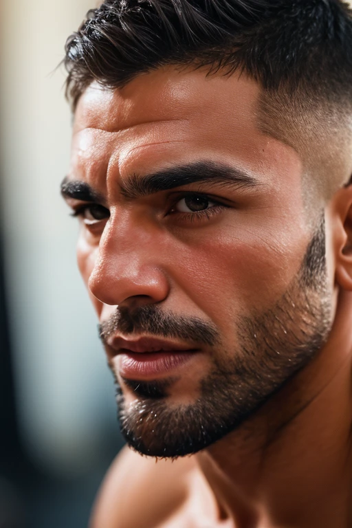 (intense lighting, vibrant colors, high contrast), muscular and ripped, Middle Eastern man, 19 years old, rugged features, chiseled jawline, piercing eyes, intense expression, edgy and raw, smoky and shadowy atmosphere.