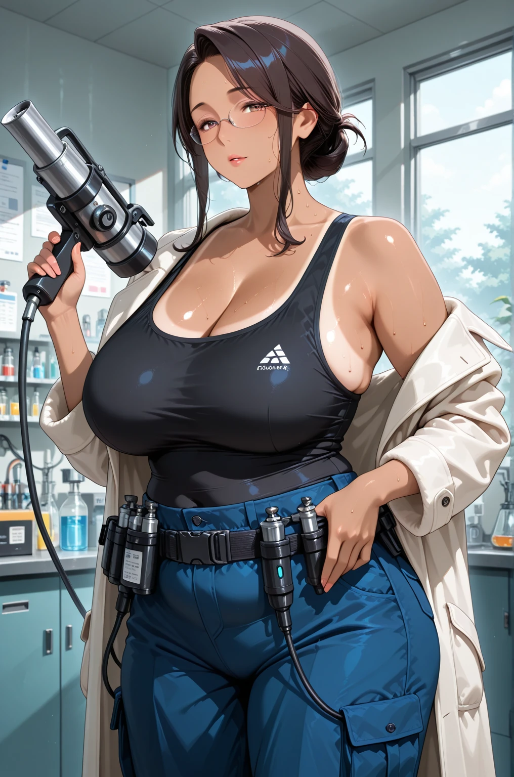 brown and gray sniper girl wearing brown militray suit，Huge Breasts，ruins，red glasses，Thick smoke，cleavage，Lipstick，pant，ponytail hairstyle
