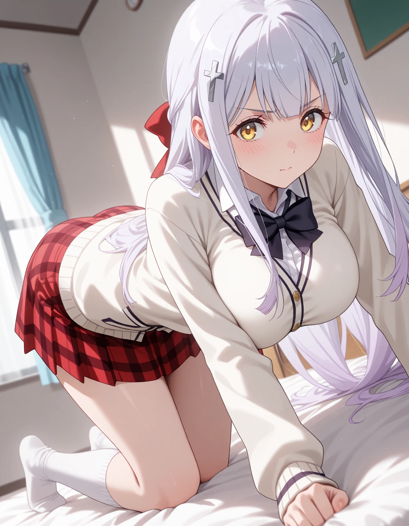 detailed， dense， masterpiece， a girl， Beautiful big breasts， Wearing a white cardigan， Everlasting，Stand by the bed，There were blankets，  white hair， 16 years old， Light滑的皮肤， 发Light的皮肤， 发Light的头发， clear eyes， 发Light的眼睛，blue eyes， pale pink lips， （The audience looks down： 0. 8） Smile， cheeks dyed red， very shy， open mouth， through bangs， white sleeves， white coat， a girl， soft skin，good understanding， 发Light的皮肤， Light， 丰富的Light， room Lighting， Simple gold necklace， Diamond necklace， white lace文胸， white lace， white lace内衣， high angle， low angle， （masterpiece： 1.0）， （actual： 1.6）， （soft focus： 1.5），Black，