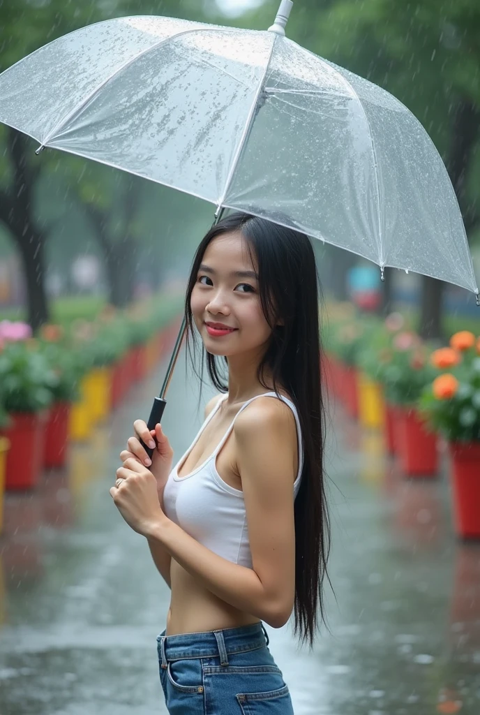 Beautiful woman、18-year-old 、full body shot、80 mm、small breasts、small breasts、small breasts、A sloppy smile、nude、I don&#39;t have an umbrella so I get wet in the rain
