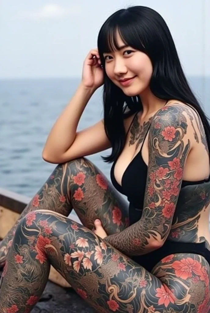 tttattoo,dragon,full body_tattoo,barefoot,full body,nude:1.2,1girl, solo,front, black hair, seductive smile,jewelry, earrings, long hair, looking at viewer,outdoors,beach,skycraper <lora:rishi_20230615204840-000004:0.8>,rishi,<lora:tttattoo_20230627140317:1>